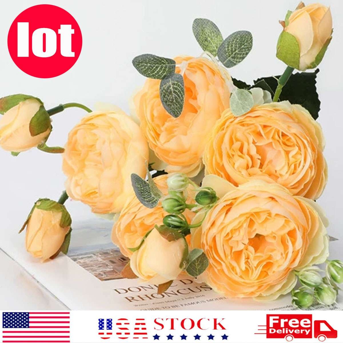 Yellow Artificial Flowers Silk Peony Wedding Bouquet Plants Home Outdoor Decor