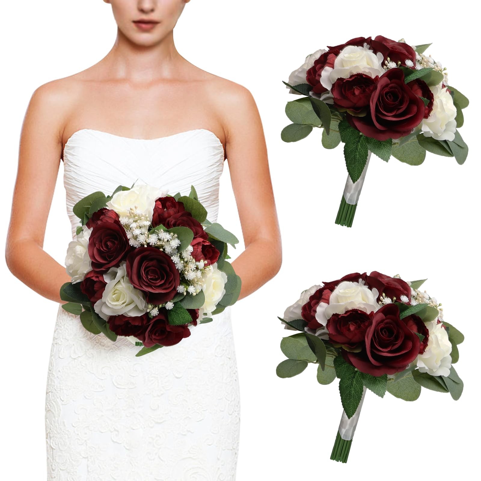Burgundy White Silk Rose Peony Bridesmaid Bouquets Wedding Decor 11″ 2 PCS