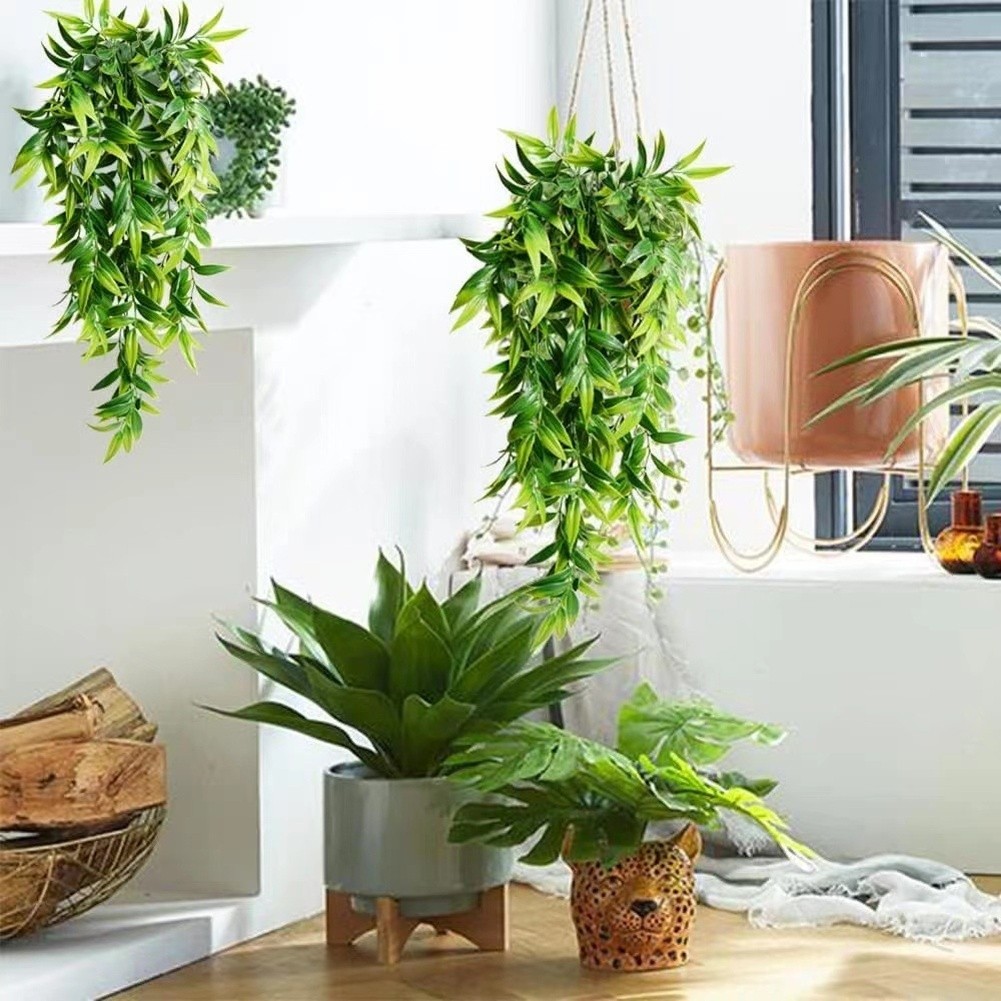 Plastic Artificial Hanging Plants 2.6ft Green 2pcs for Patio Porch Living Room