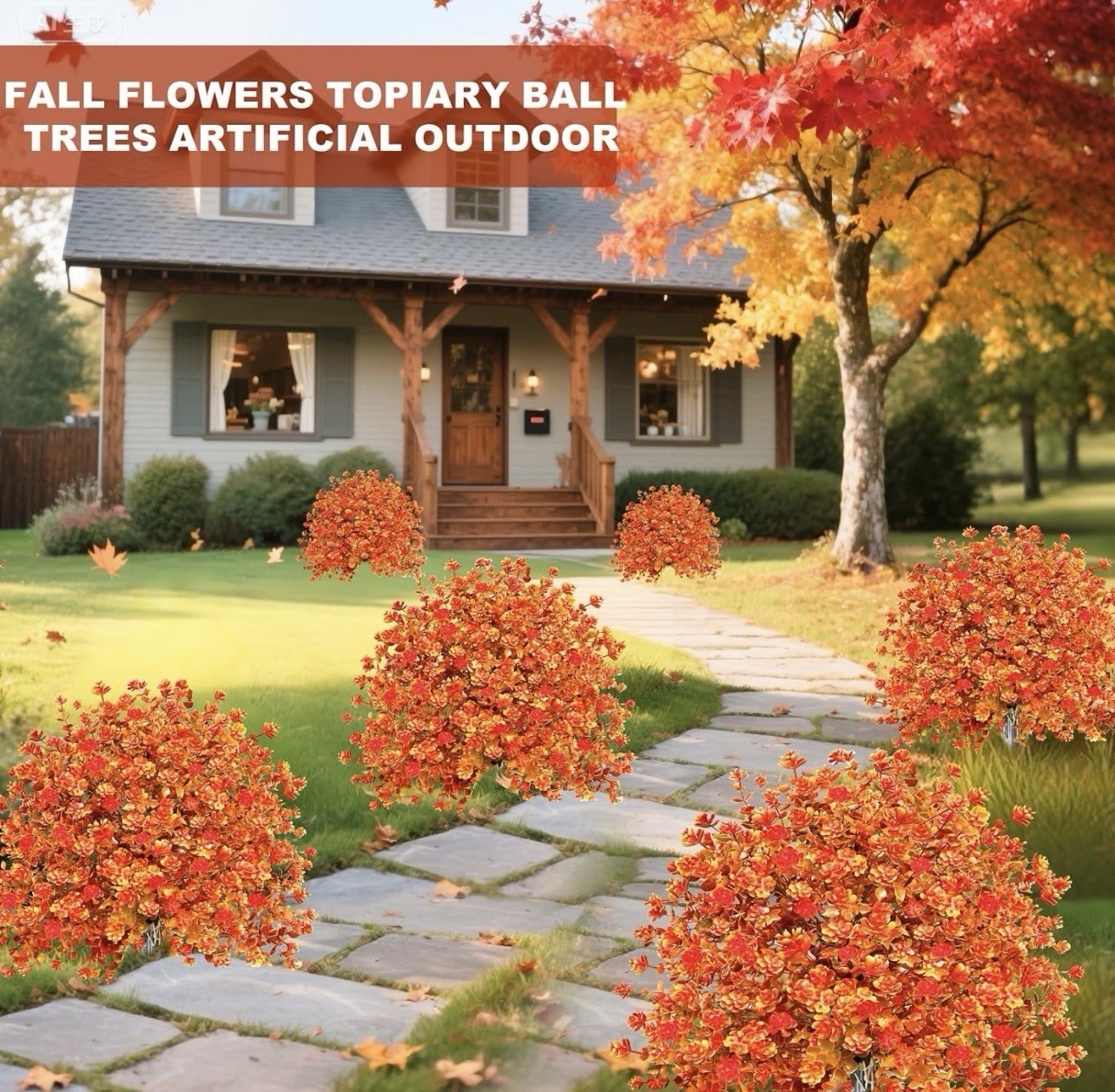 Set Of 4 Artificial Boxwood Topiary Ball Trees With Fall Leaves & Ground Spikes