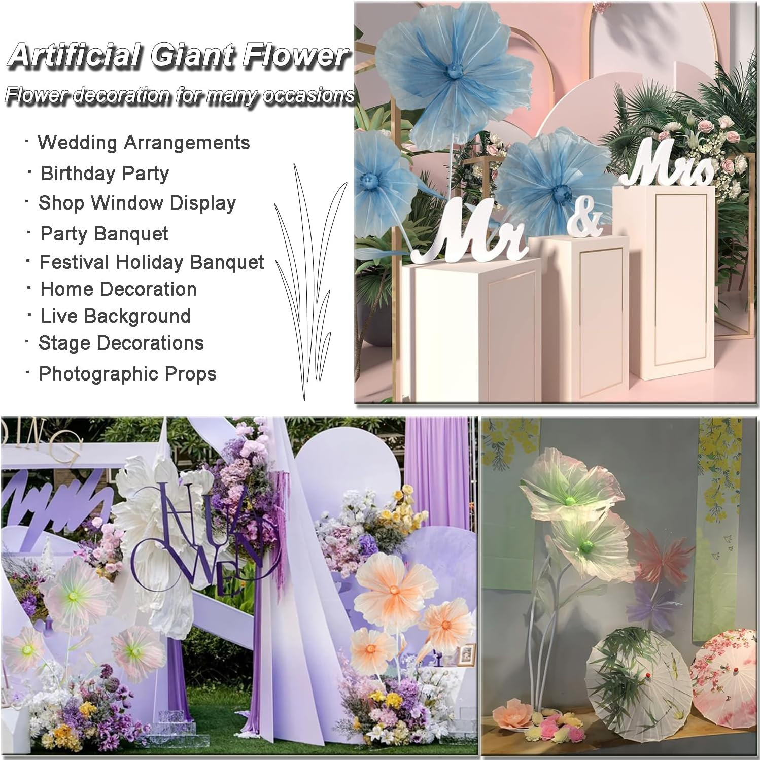 Giant Silk Flowers for Wedding Reception Decor – Green & Pink 5.6 Ft