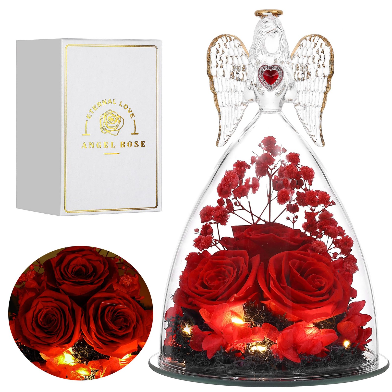 Preserved Real Rose Red Large Angel Figurines Flower Gift for Her Decor Art