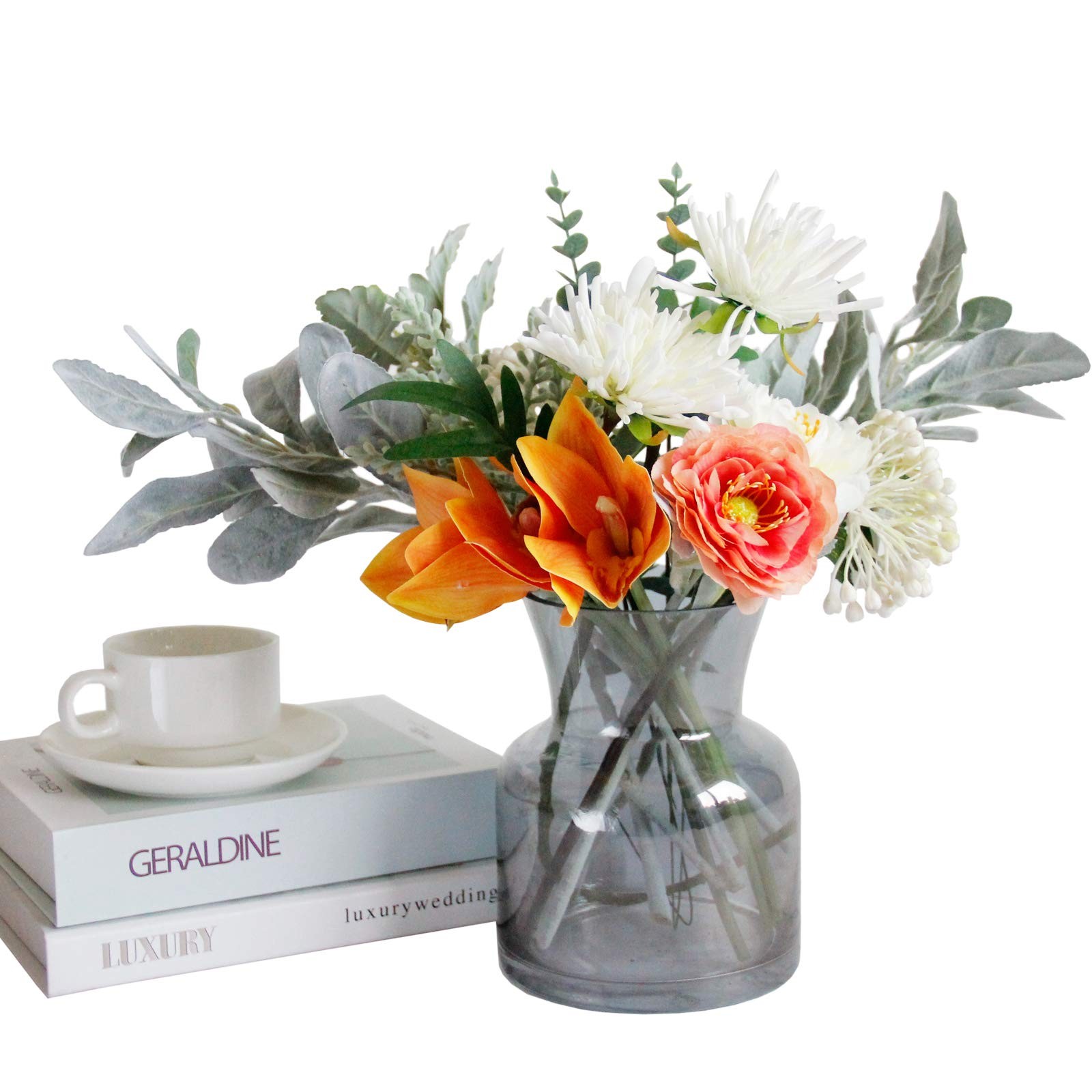 Tinsow Artificial Flocked Lambs Ear Leaves Dusty Miller Stems Flocked Oak Leaves