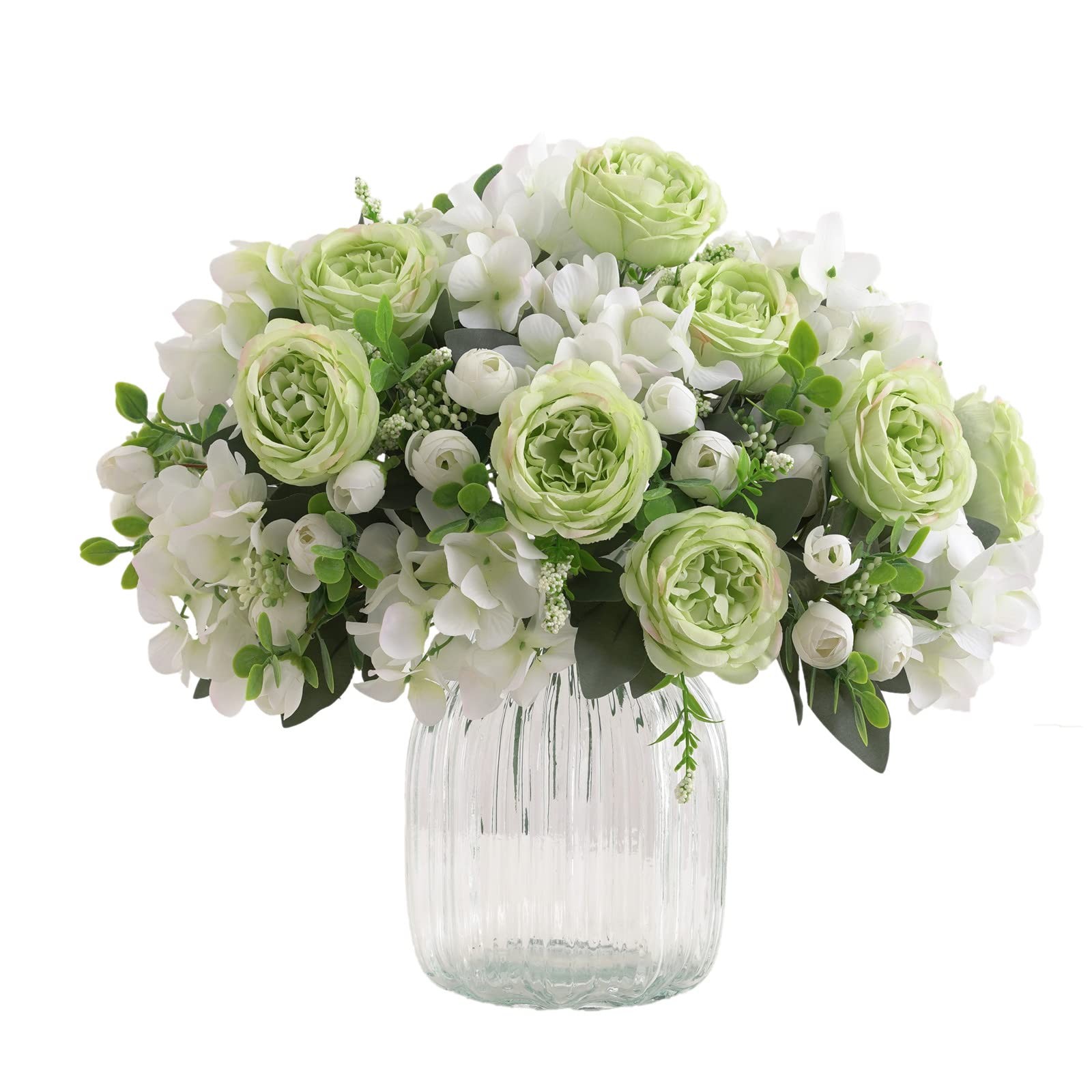 4 PCS Green Peony Artificial Flowers Faux Rose Silk Bouquet Table Centerpiece