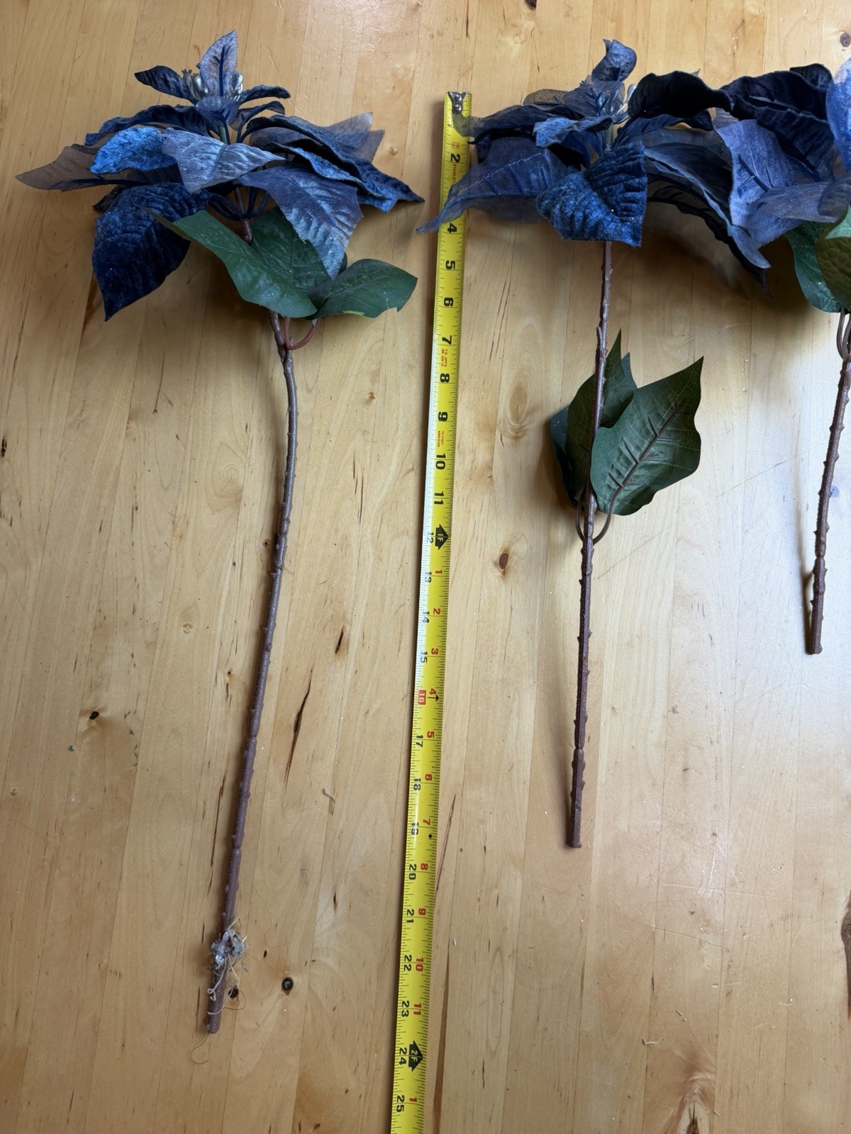 Set of 5 Navy Blue Velvet Poinsettia Stems Glitter Christmas Floral Decor 25”