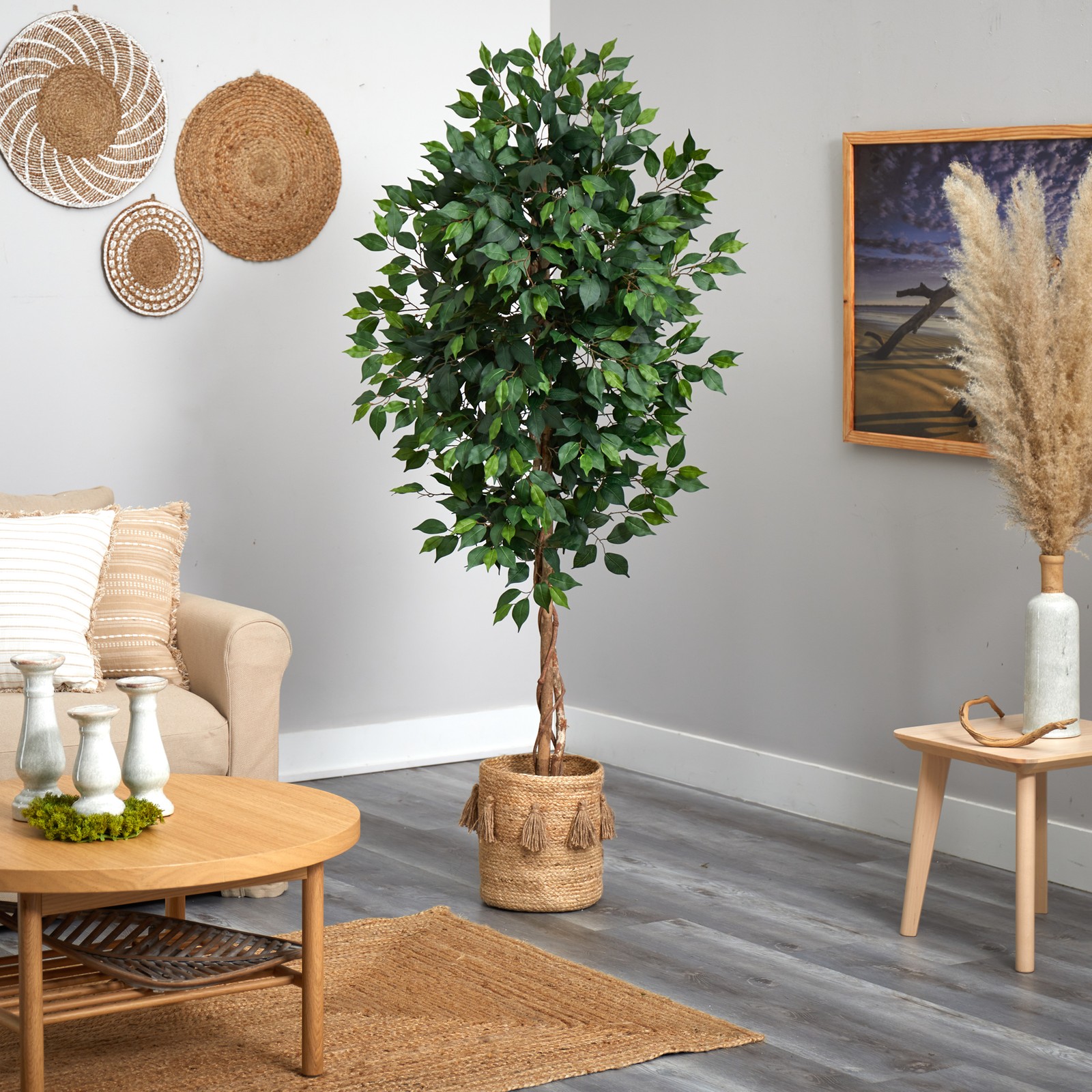 Nearly Natural 6ft Ficus Tree w/Natural Trunk in Handmade Jute Planter w/Tassels