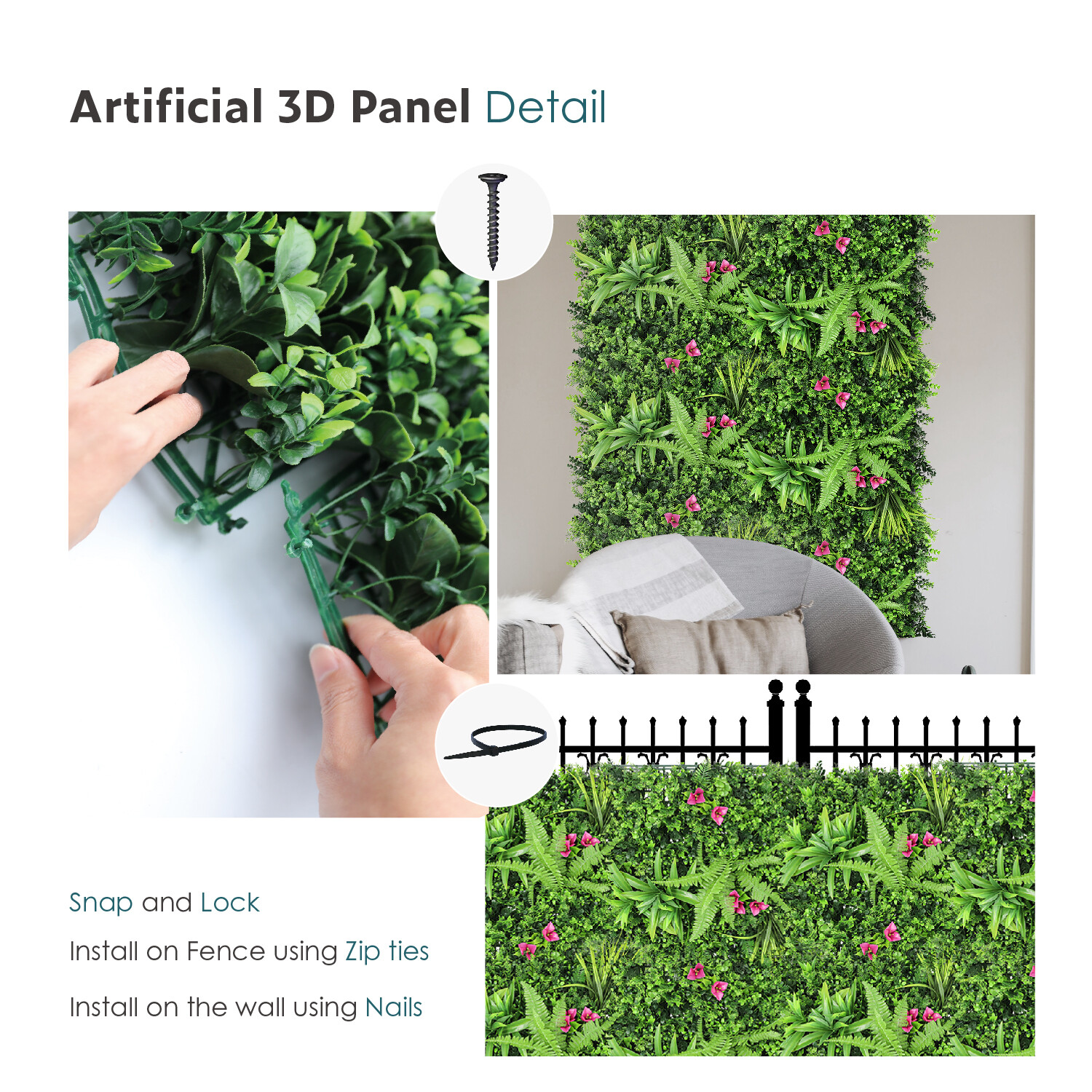 20″ Artificial Leaf Mat #12 3D Mixed Wall Hedge Decor Privacy Fence Panel Grass