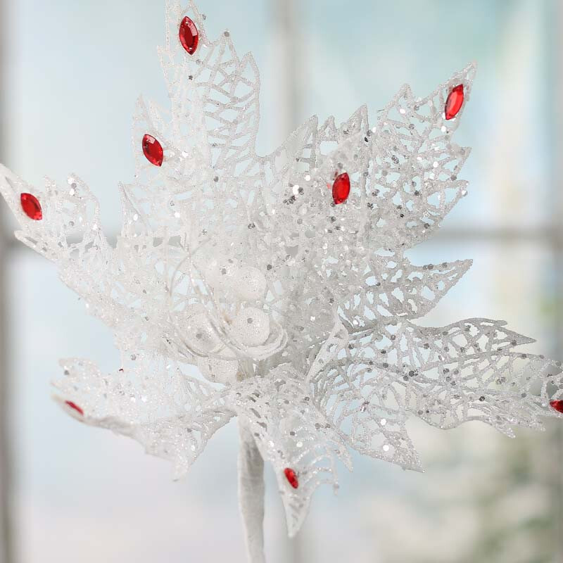 Set of 4 White Sparkling Mesh Poinsettia 14-3/4″ Picks with Red Rhinestones