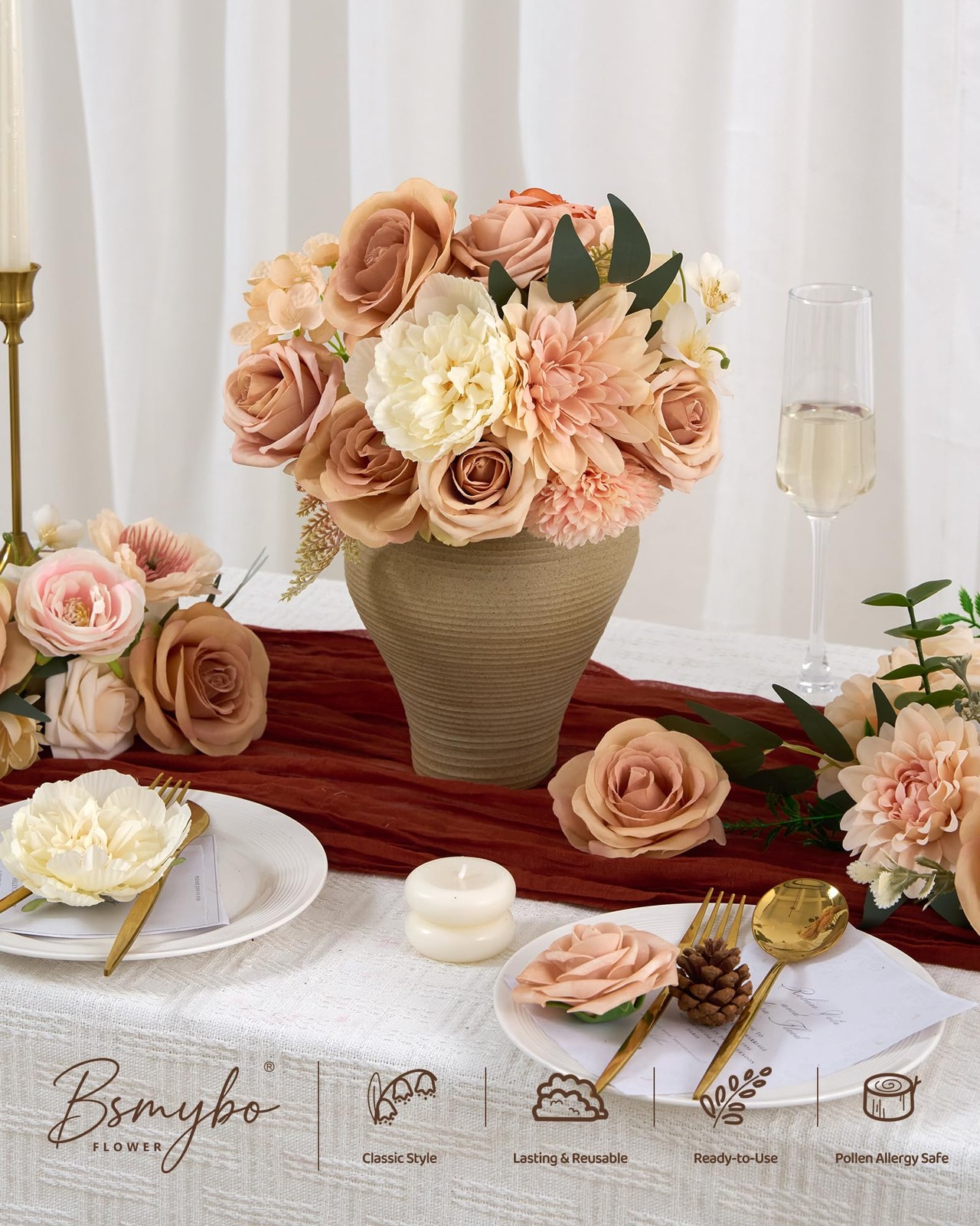 Artificial Flowers Combo Peach Flowers with Stems Fake Rose Faux Floral Arran…