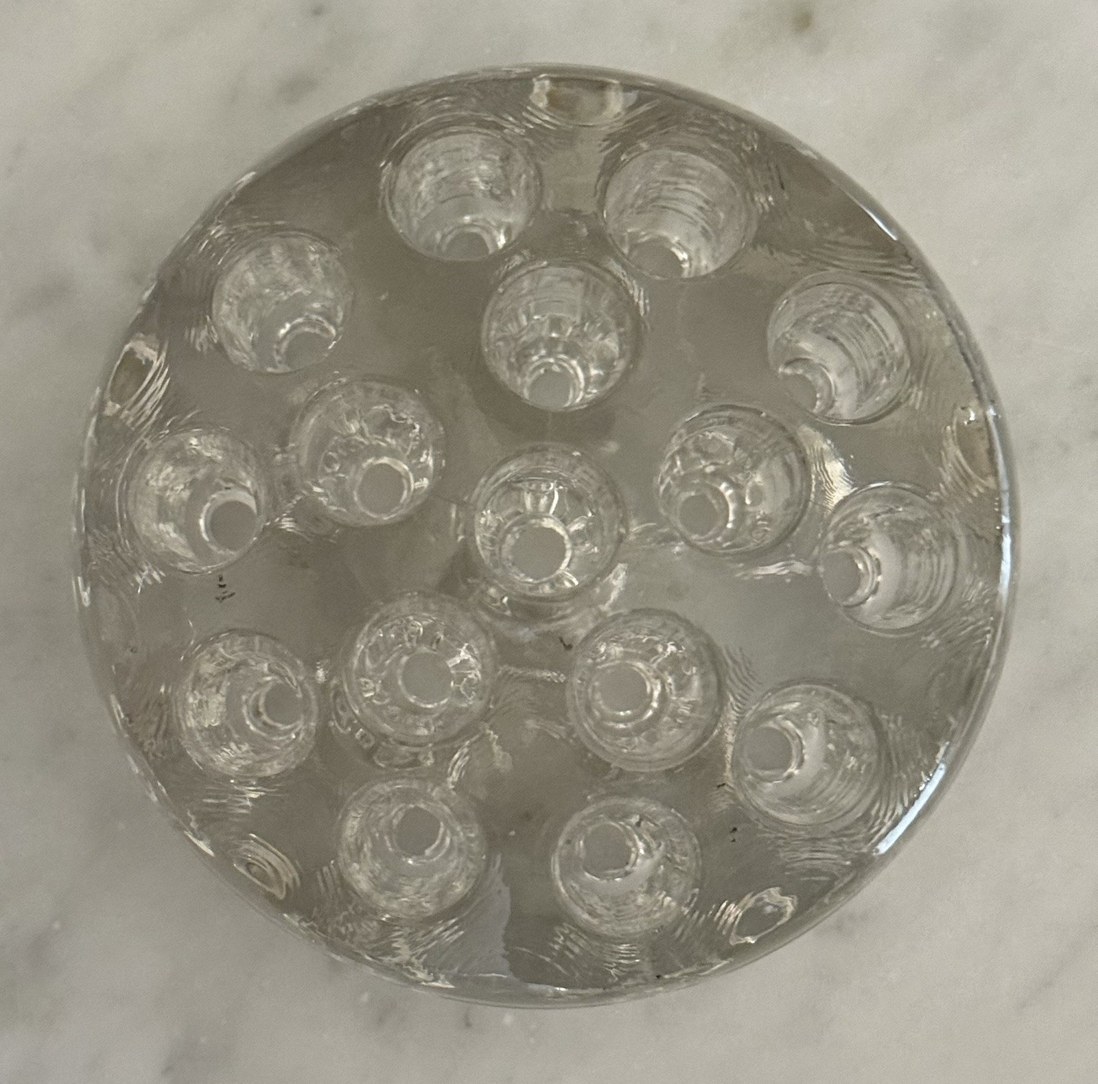Vintage Thick Heavy Round 16-Hole Glass Flower Frog 3-3/4″ Diameter