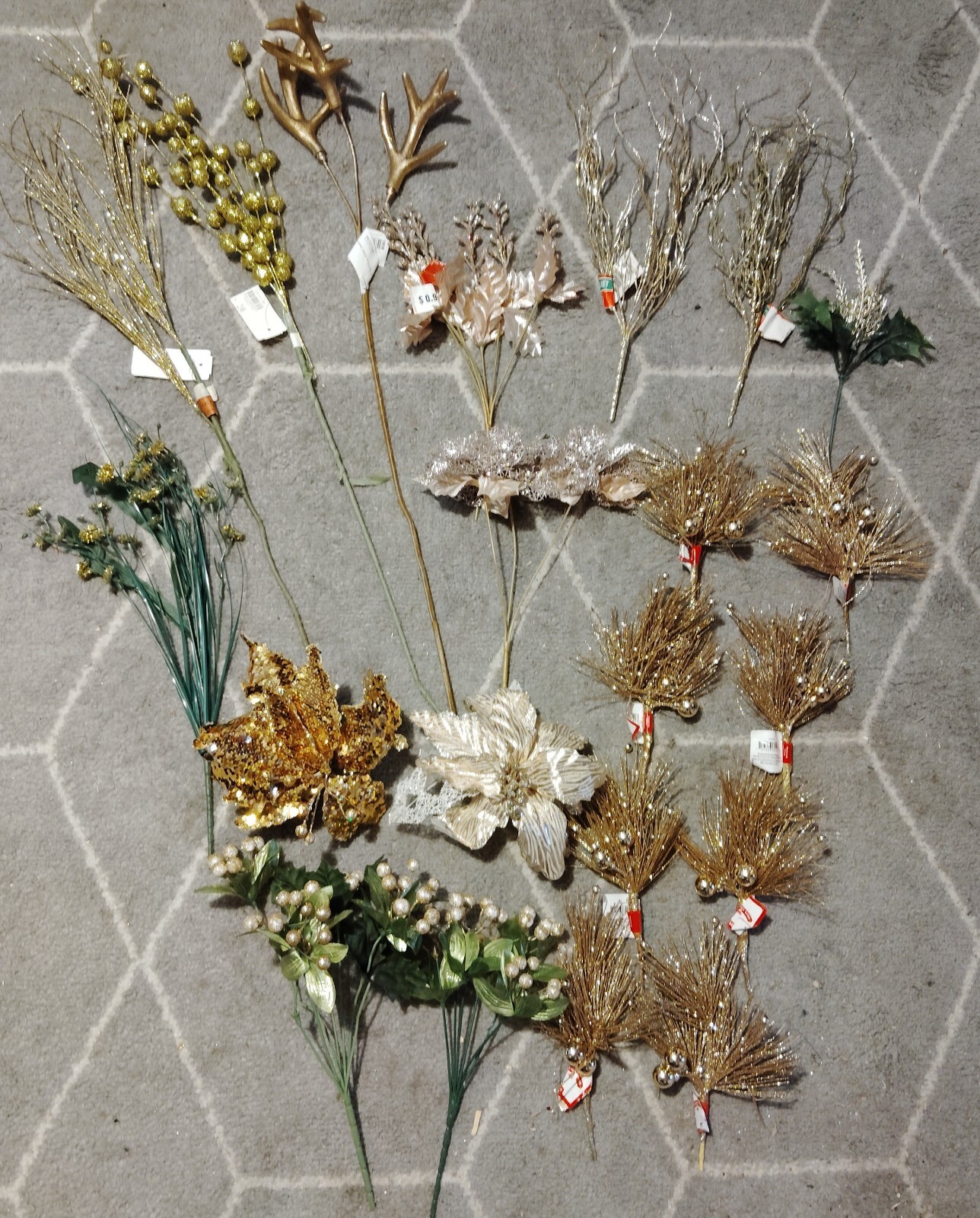 21 Faux Glitter Gold Branches, Flowers, Balls, Artificial Antler, Trees