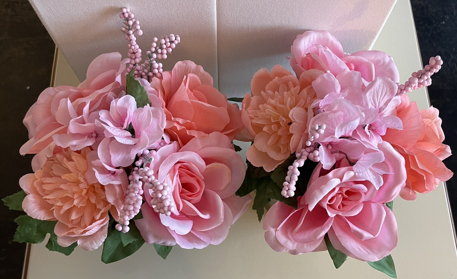 Set Of 2/11 Inch Artificial Pink Floral Arrangements In Vases(base 4 In width)