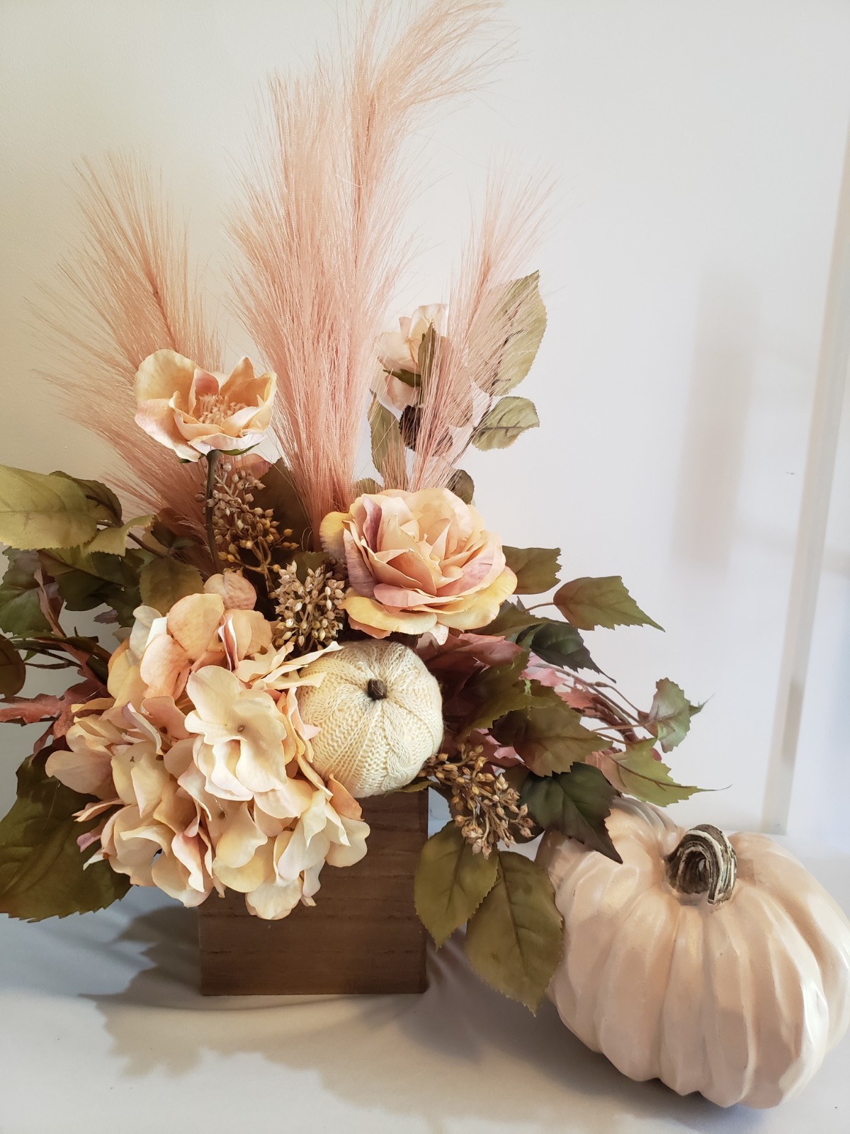 Pink Dried Look Hydrangea Centerpiece, Pampas Grass, Cream Pumpkins