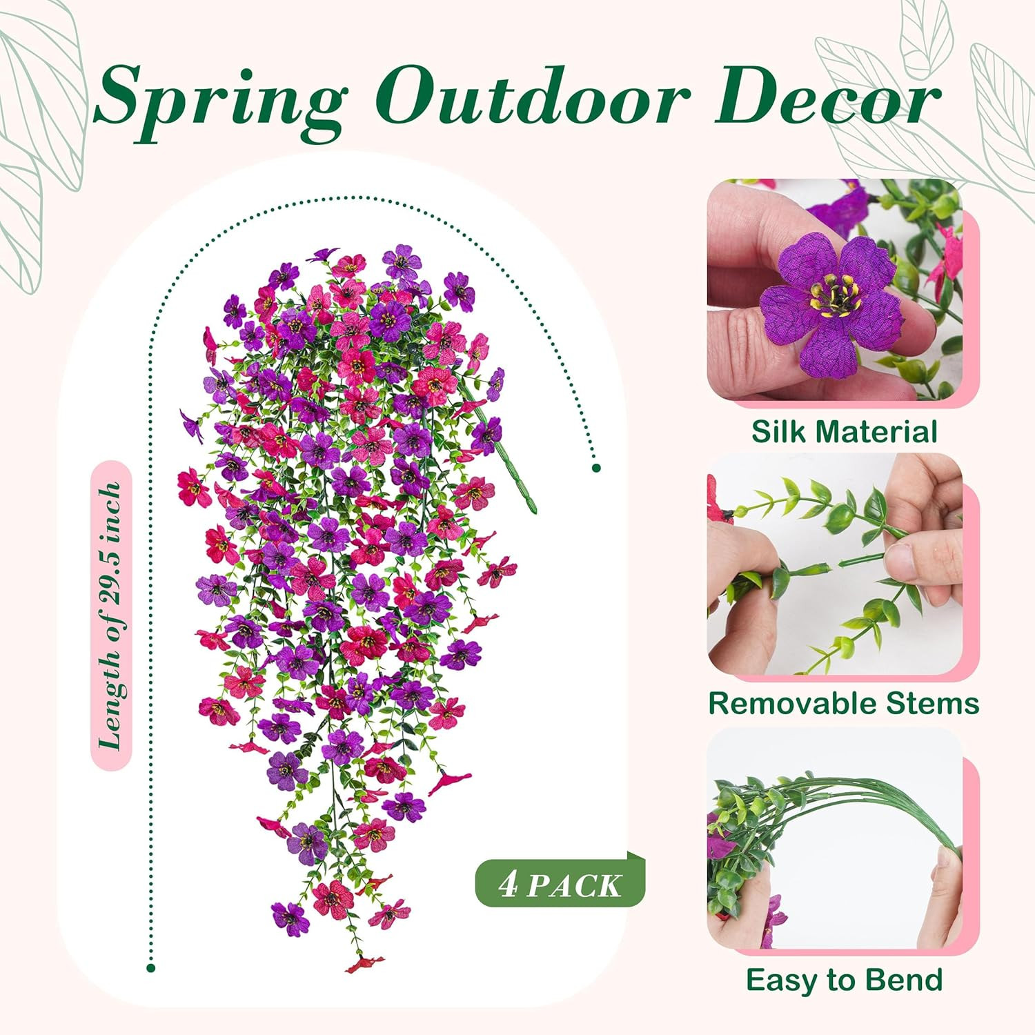 Artificial Hanging Flowers for Outdoors, 4 Pcs UV Resistant Cascading Fake Outdo