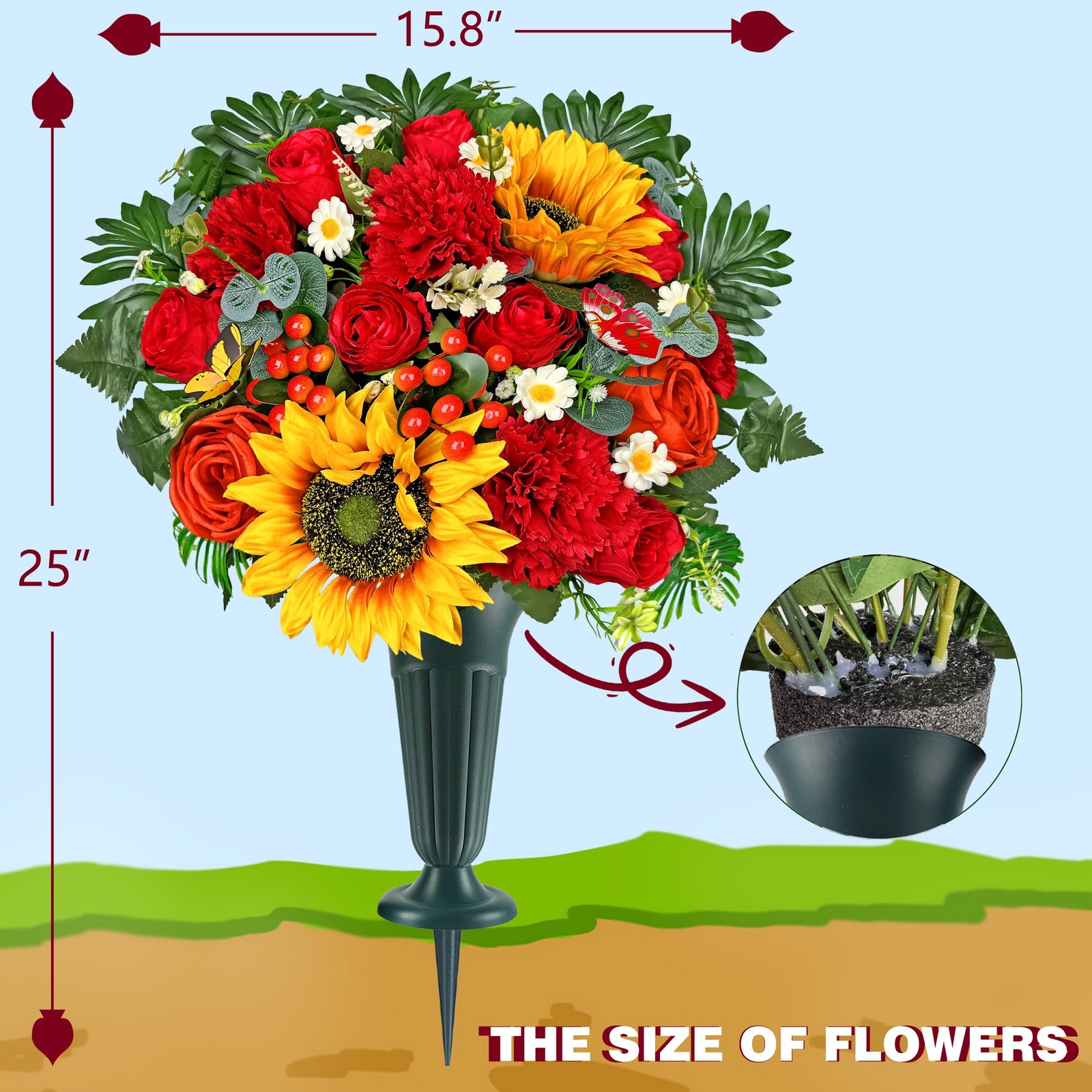 Cemetery Flowers with Grave Vase and Headstone Flower Saddle of Red Sunflower…