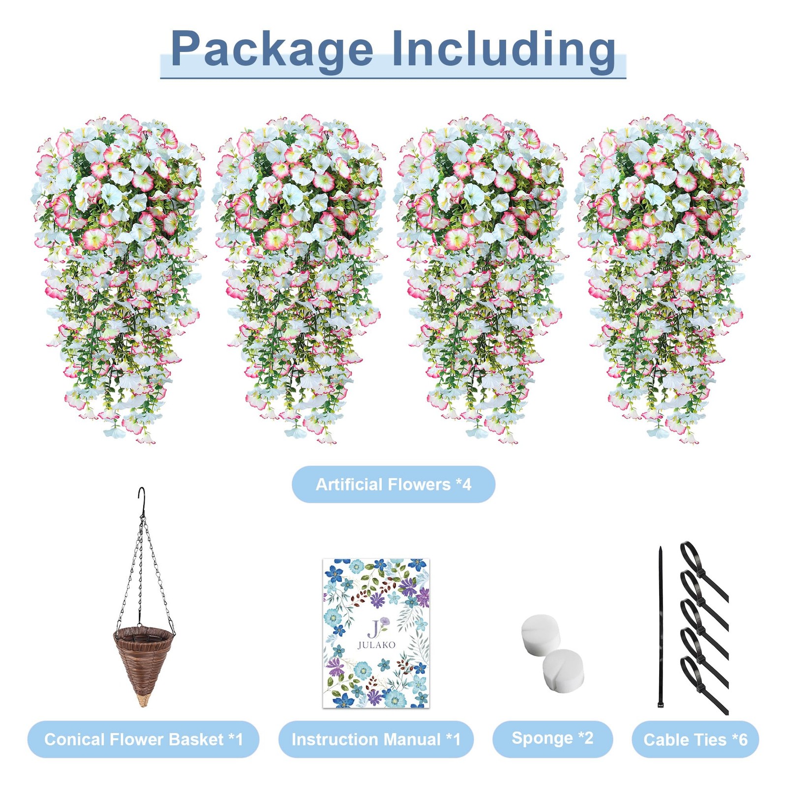 Artificial Hanging Flowers with Basket, 480 Blooms UV Resistant Faux Morning …