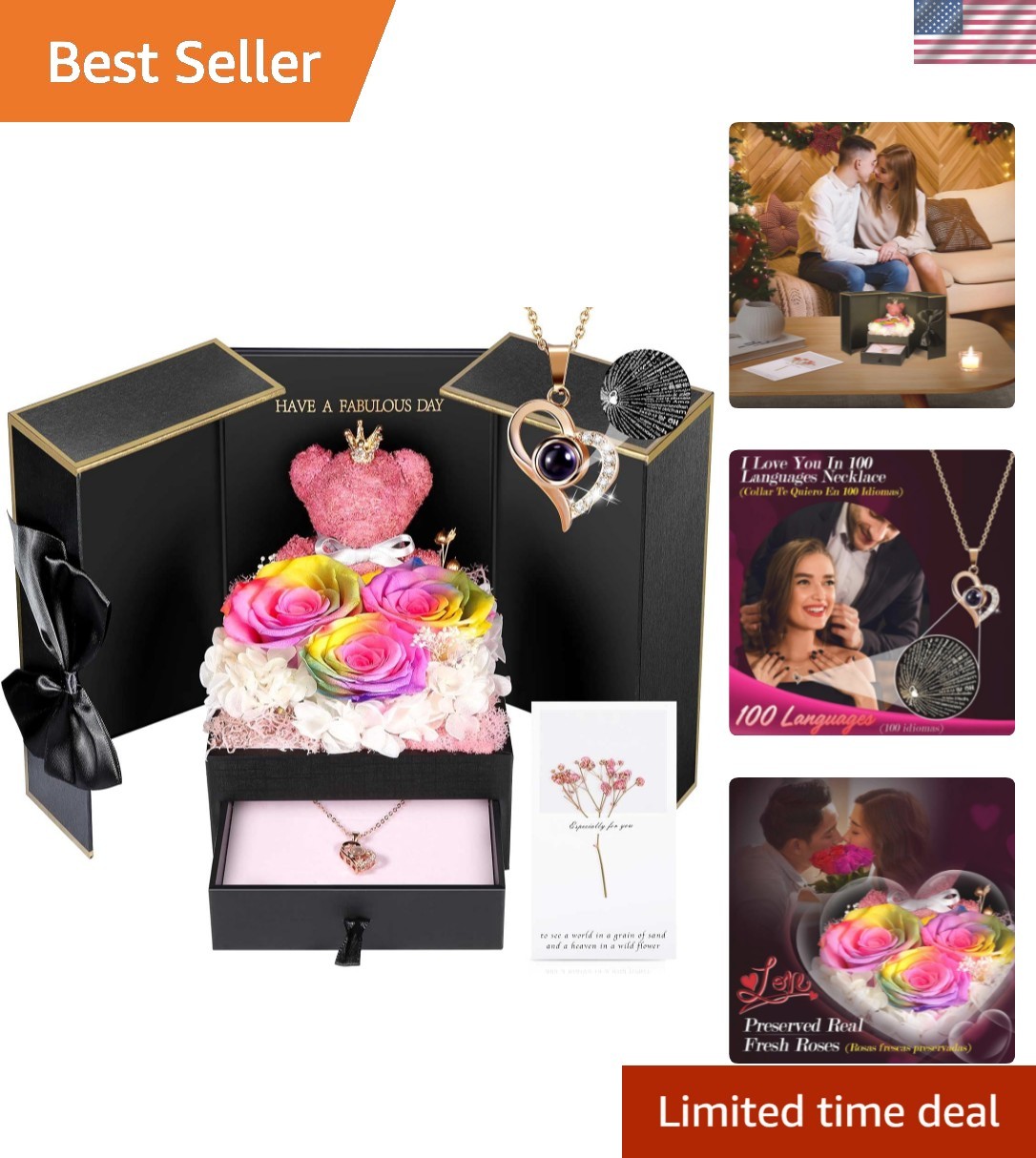 Luxurious Rainbow Rose and Gold Necklace Gift for Special Women – Ready to Gift