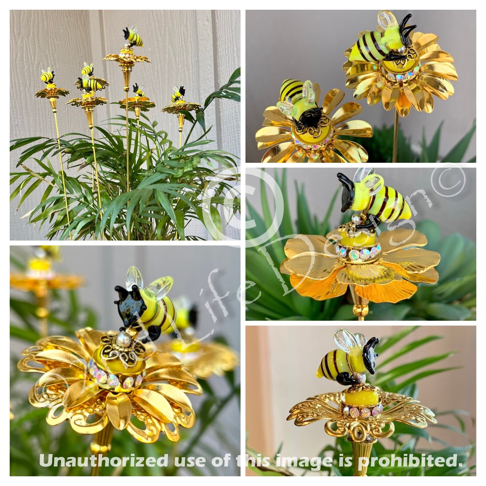 Glass Honey/Bumble Bee Gold Flower Decor Plant Stake/Spike Exquisite US HANDMADE