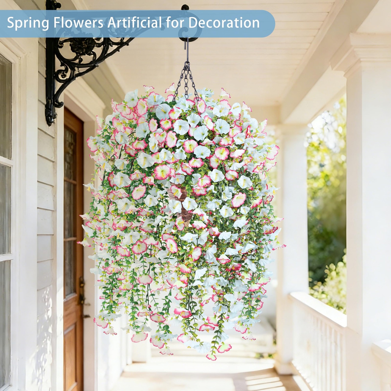 Artificial Hanging Flowers with Basket, 480 Blooms UV Resistant Faux Morning …