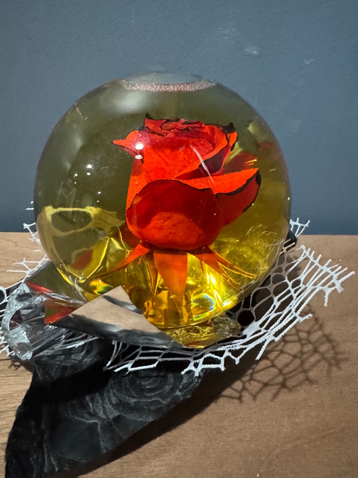 Forever Red Rose wBlack Edges In Glass Ball Water Dome Globe Large Real Rose