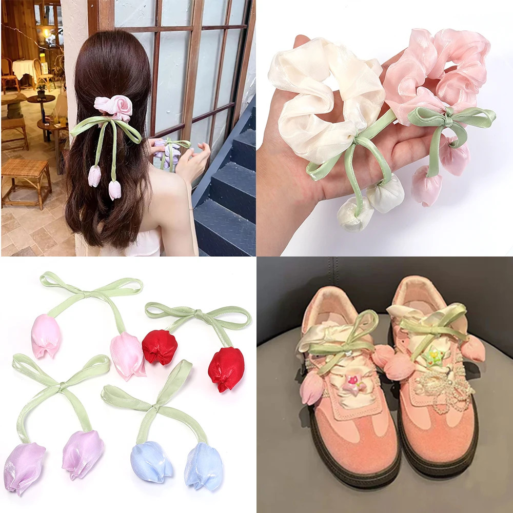 5pcs/lot Colorful Tulip Bow Flowers Patches 3D Flower Handmade Fabric Pillows