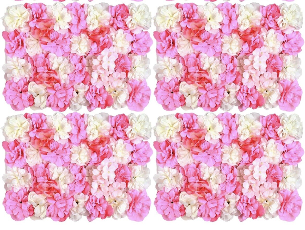 Omldggr 4 Pack 12×16” White & Pink Silk Artificial Flower Wall, Pink Faux Rose