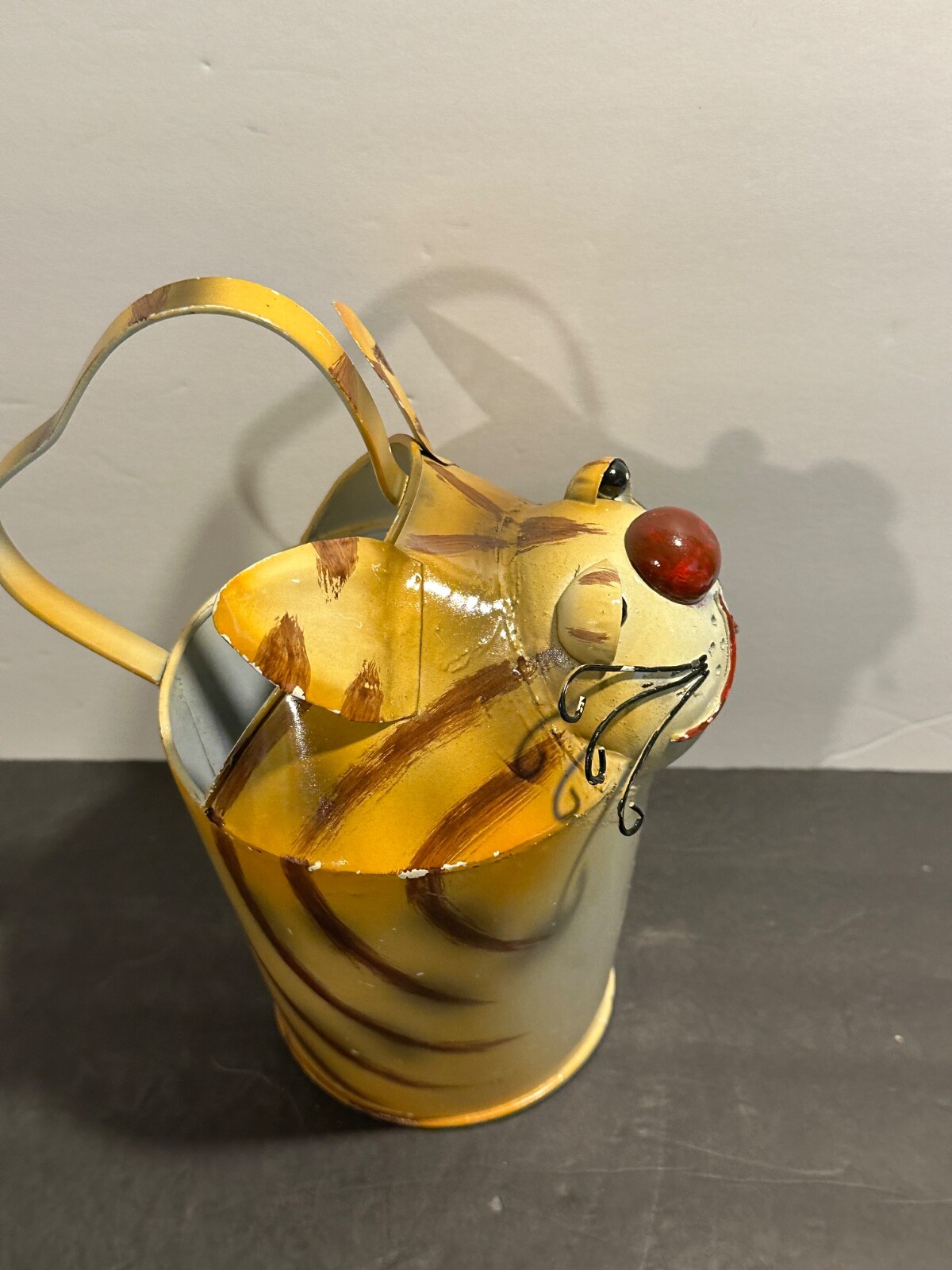 Metal Hand-Painted & Distressed Whimsical Yellow Tabby Kitty Cat Watering Can