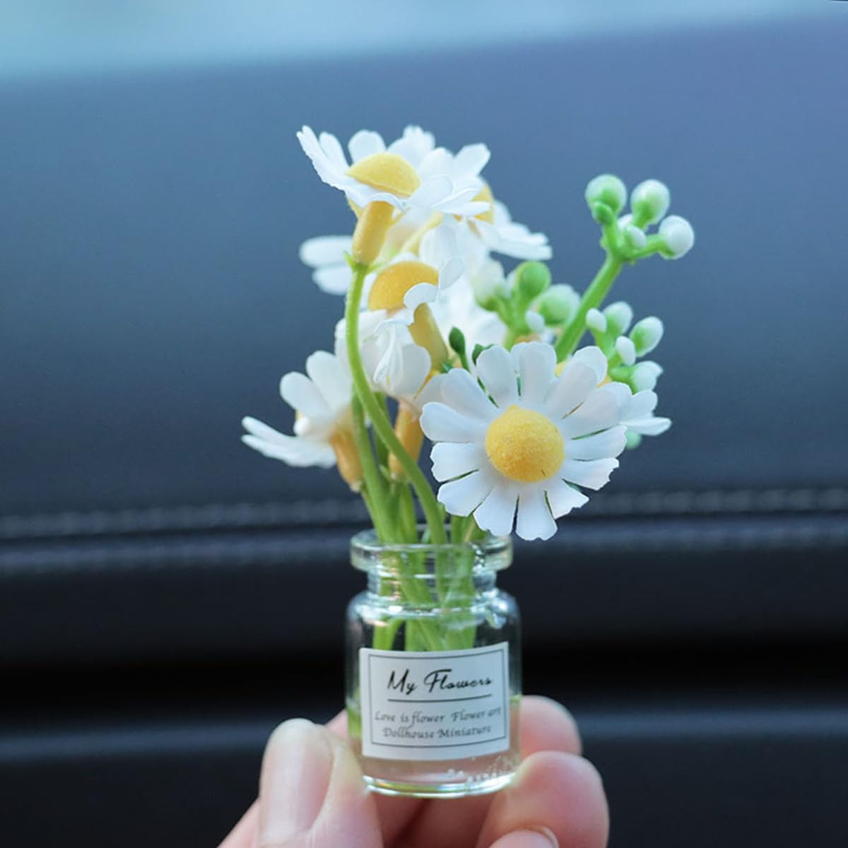 Set of 3 Mini Daisy Flowers in Glass Vase Cute Car Accessories for Rear View