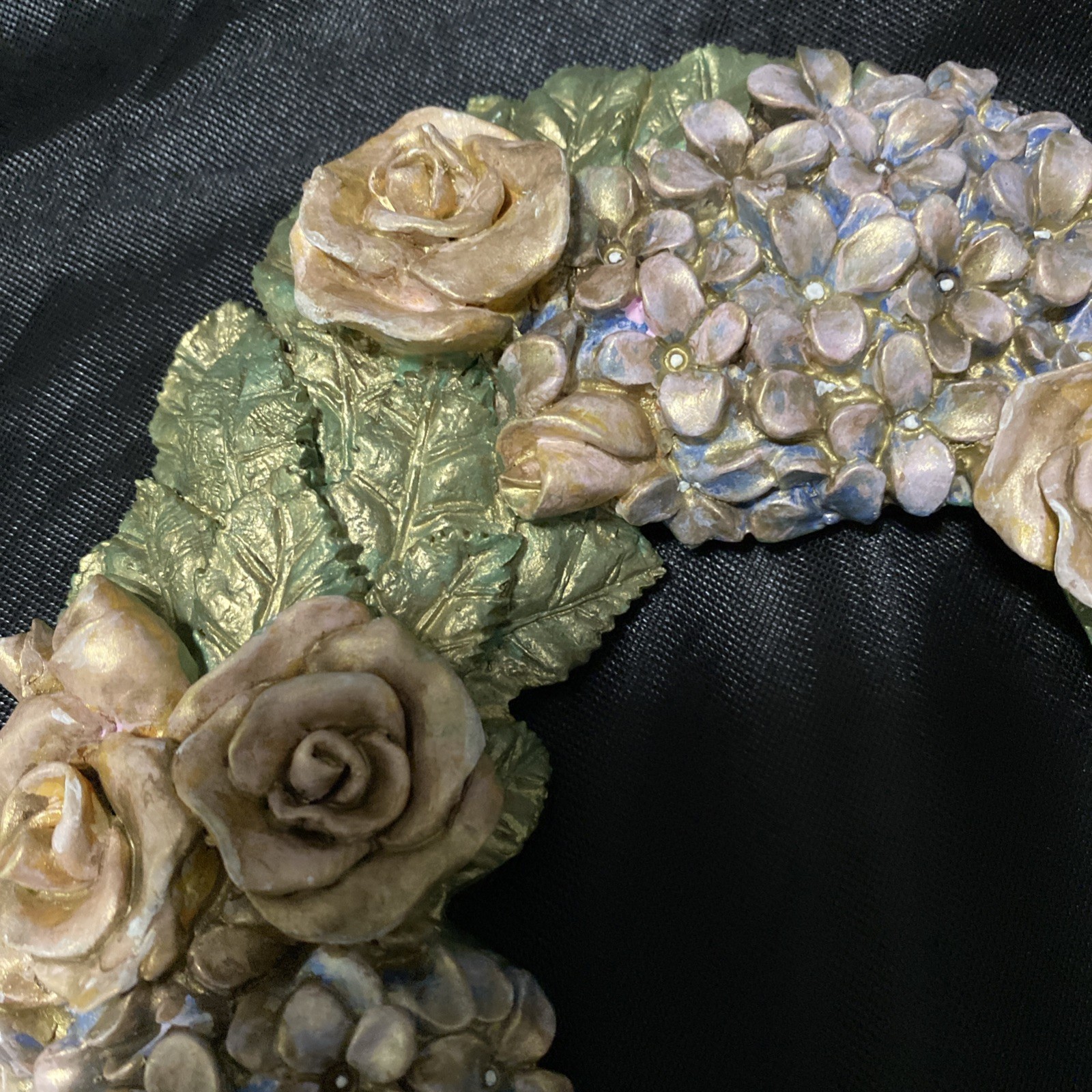 Vintage Resin Rose and Hydrangea Heart Wreath Custom Soft Muted Pastels, Guilted