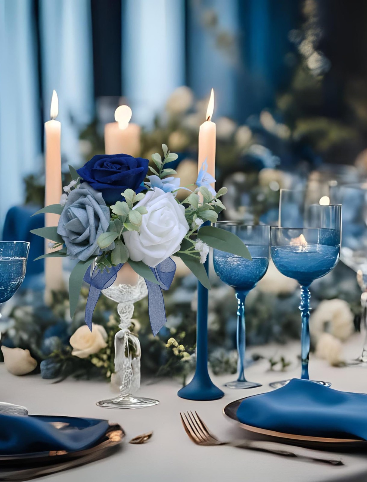 Marriwise Set of 6 Navy Blue Assorted Wedding Flower Centerpieces Pre-Made Mini
