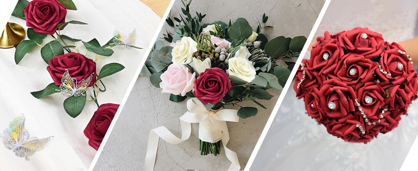 16Pcs Artificial Flowers Fake Roses with Stems, Burgundy Boxed Foam Roses for