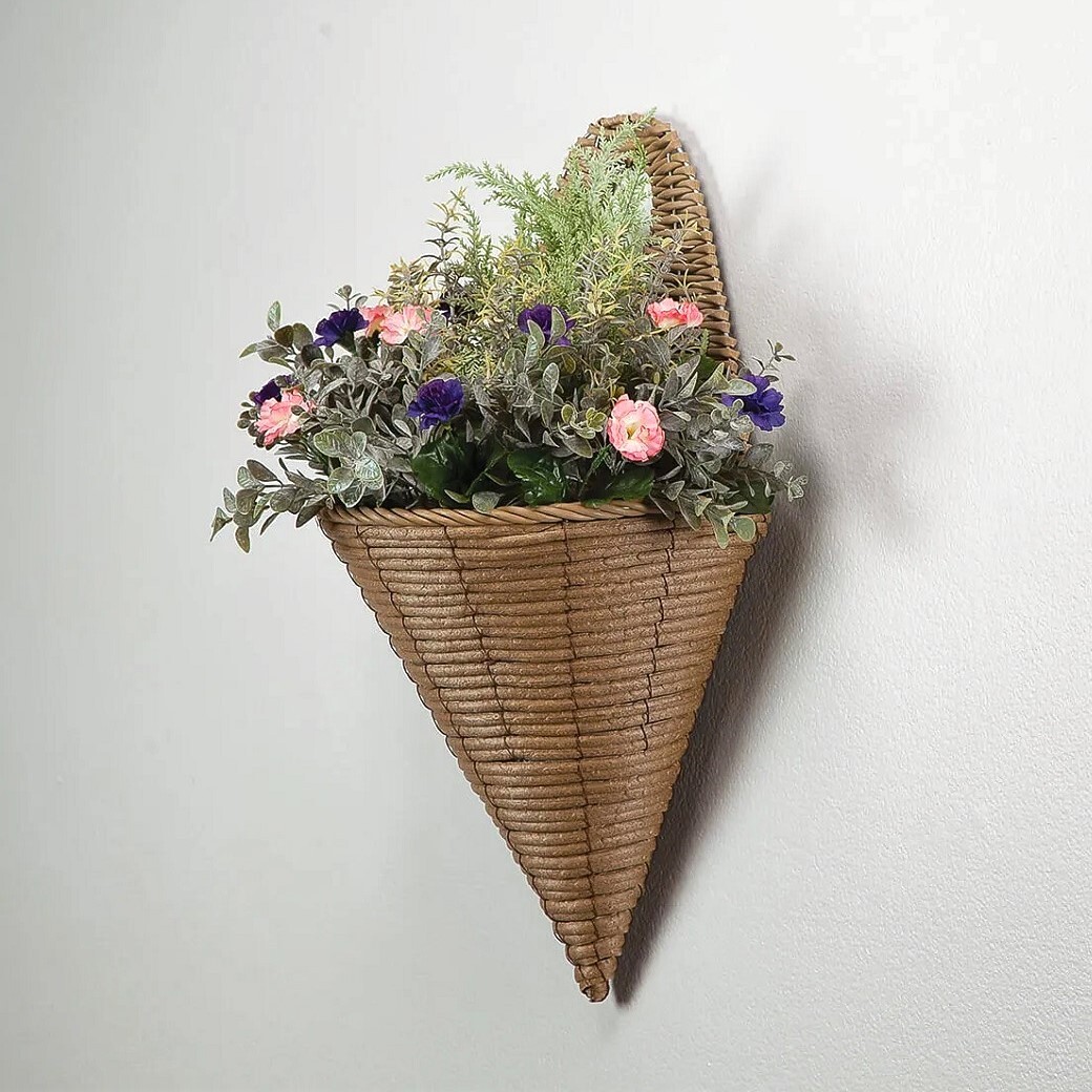 Large Morning Glory Faux Floral Hanging Cone Shaped Wall Basket 22”H FREE SHIP