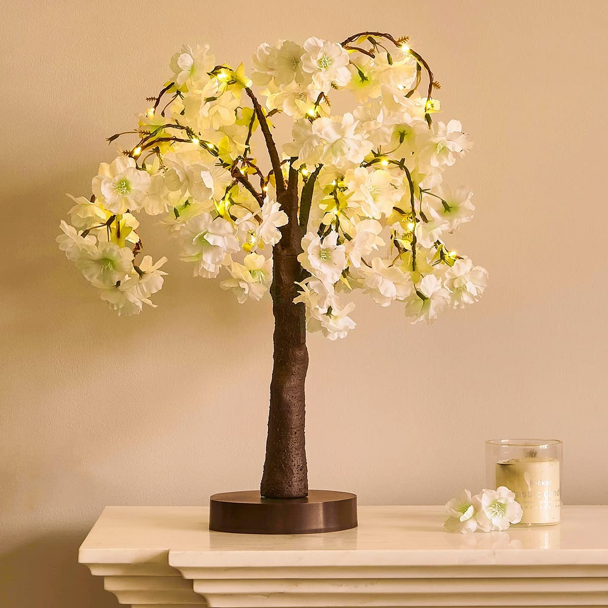 White Cherry Blossom Tree 18 Inch 40 LED Japanese Room Decor Battery USB