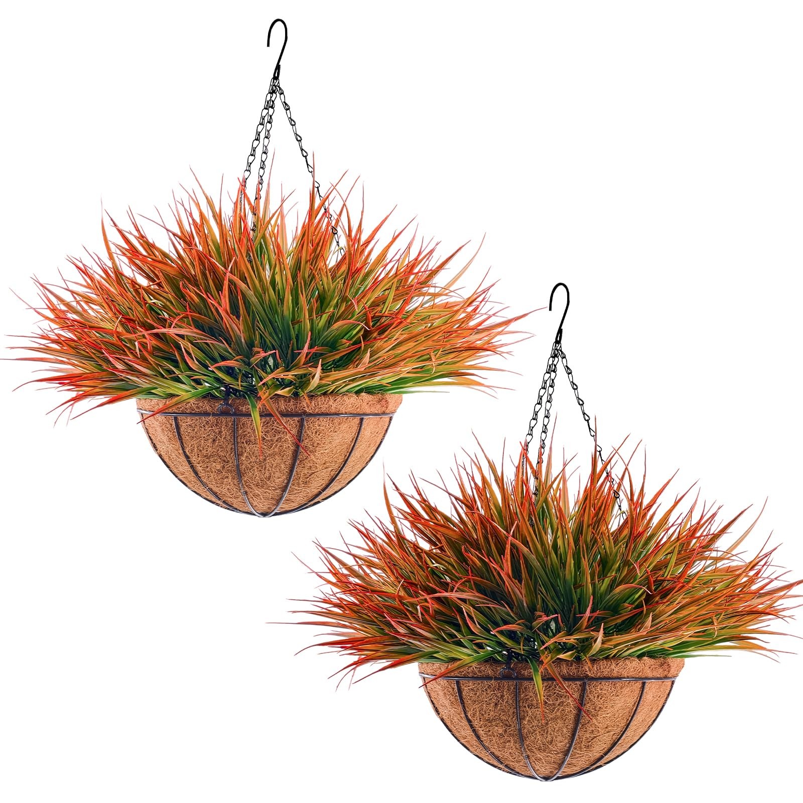 2 Set Fall Artificial Hanging Ferns Plants in Coconut Liner Baskets Outdoor