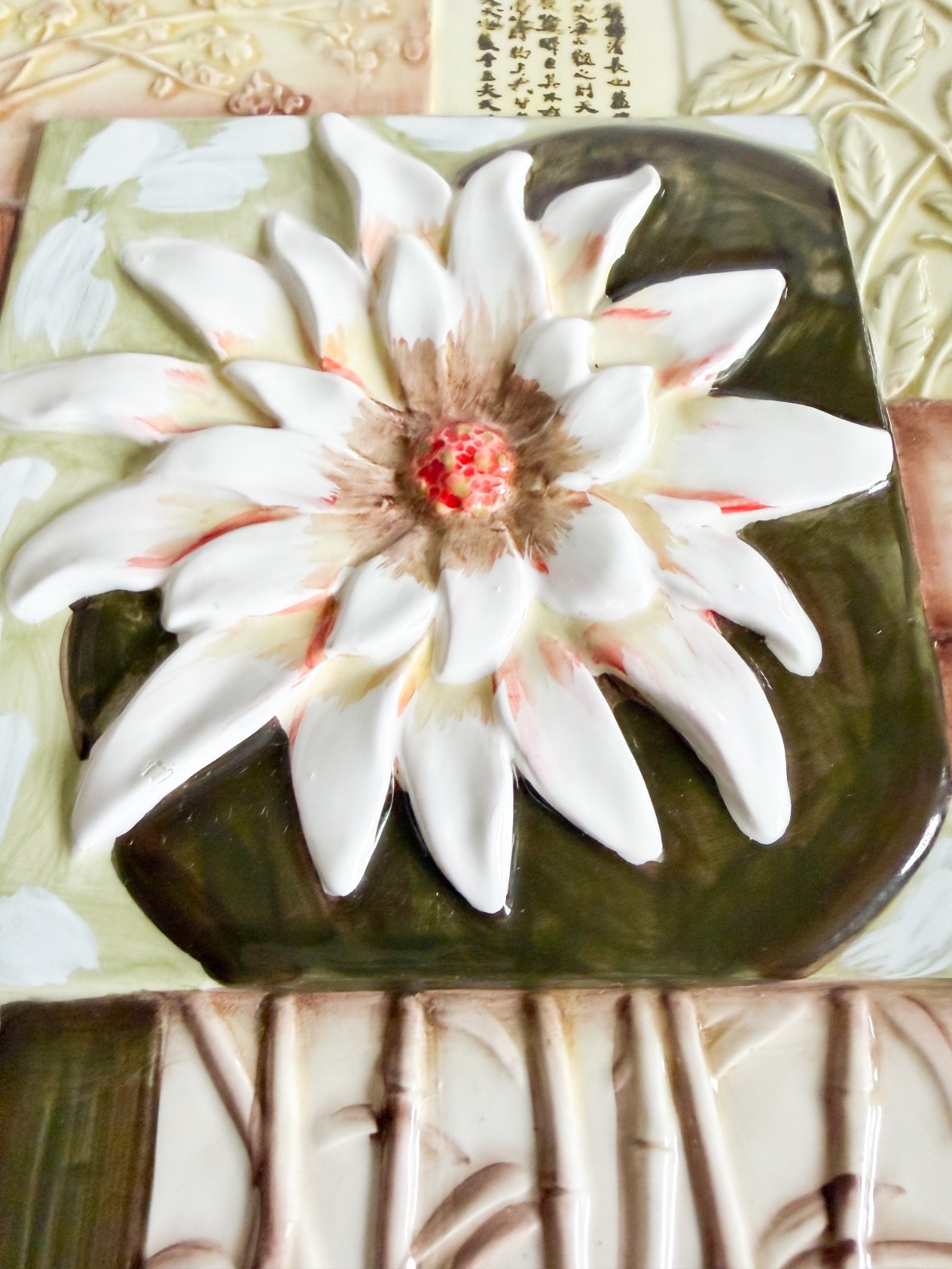 New View Hand-Painted Cottagecore Wall Plaque 3D Water Lily Tile Art 8″x8″