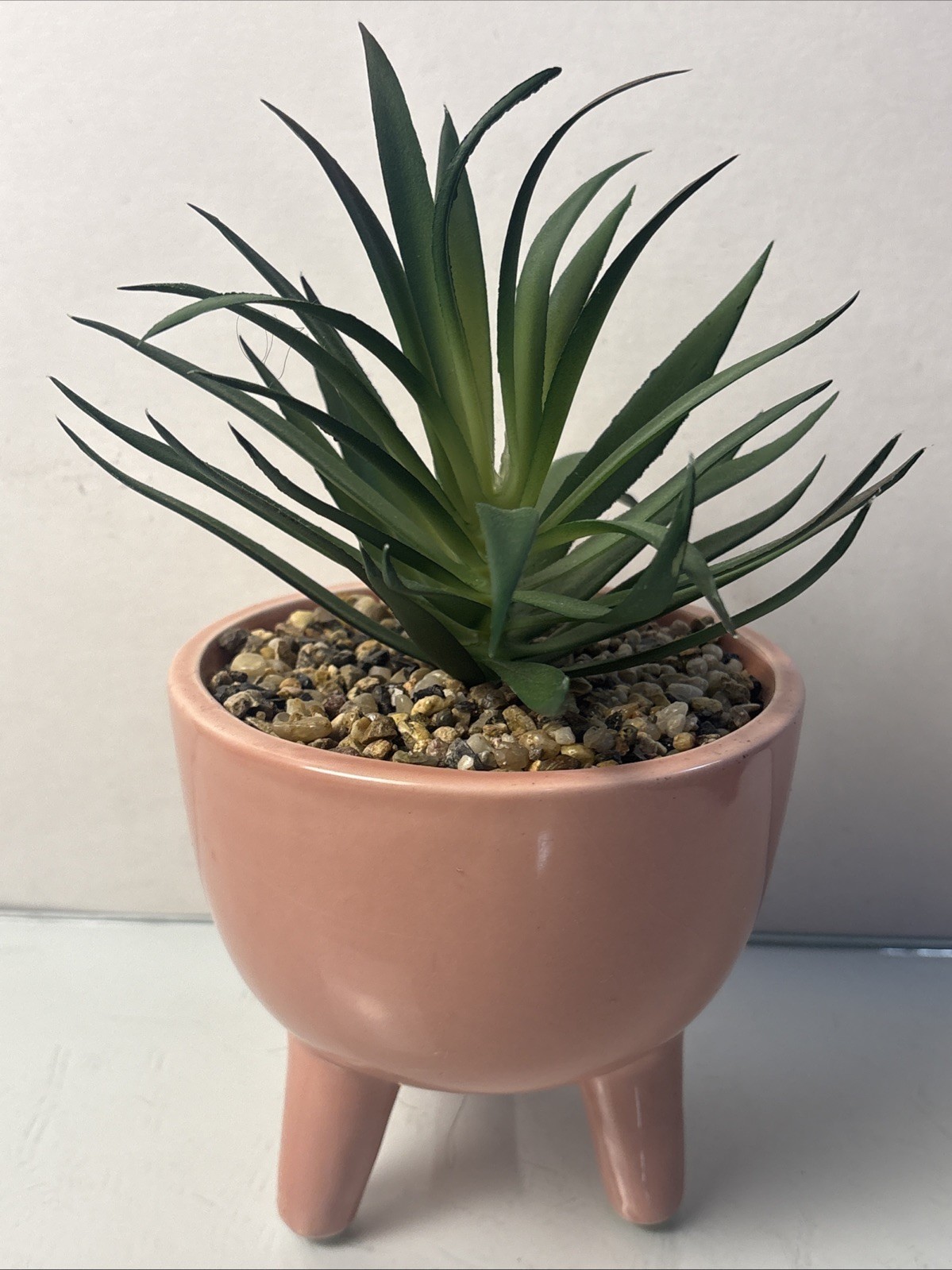 Ceramic Planter w Faux Succulent Pink Tripod Pot Mid Century Style Decor
