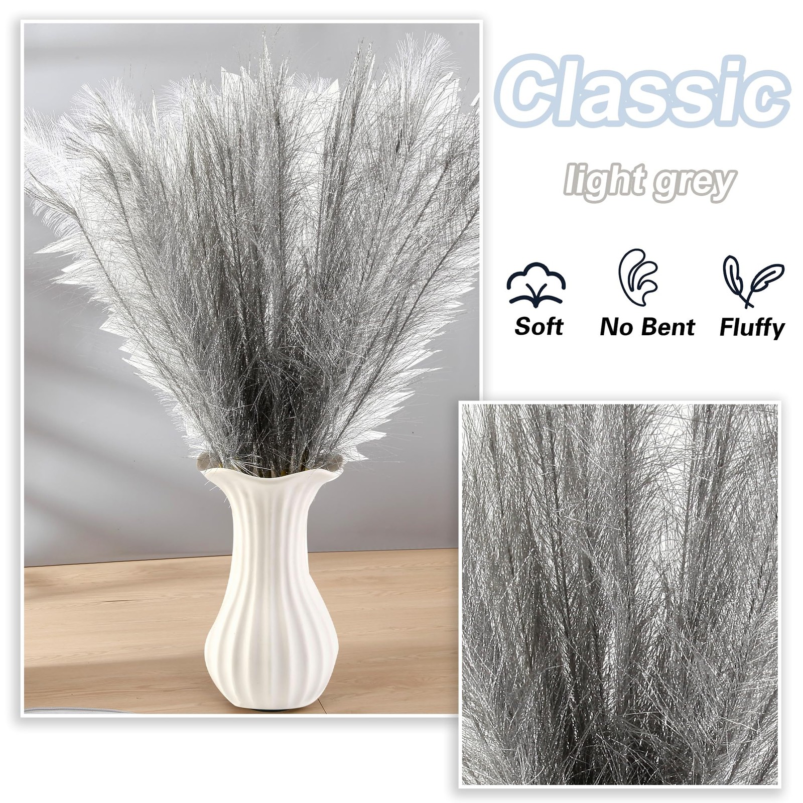 Silver Pampas Grass Decor, 30 Pcs 17″ Faux Pampas Grass Short Decor, Pompas G…