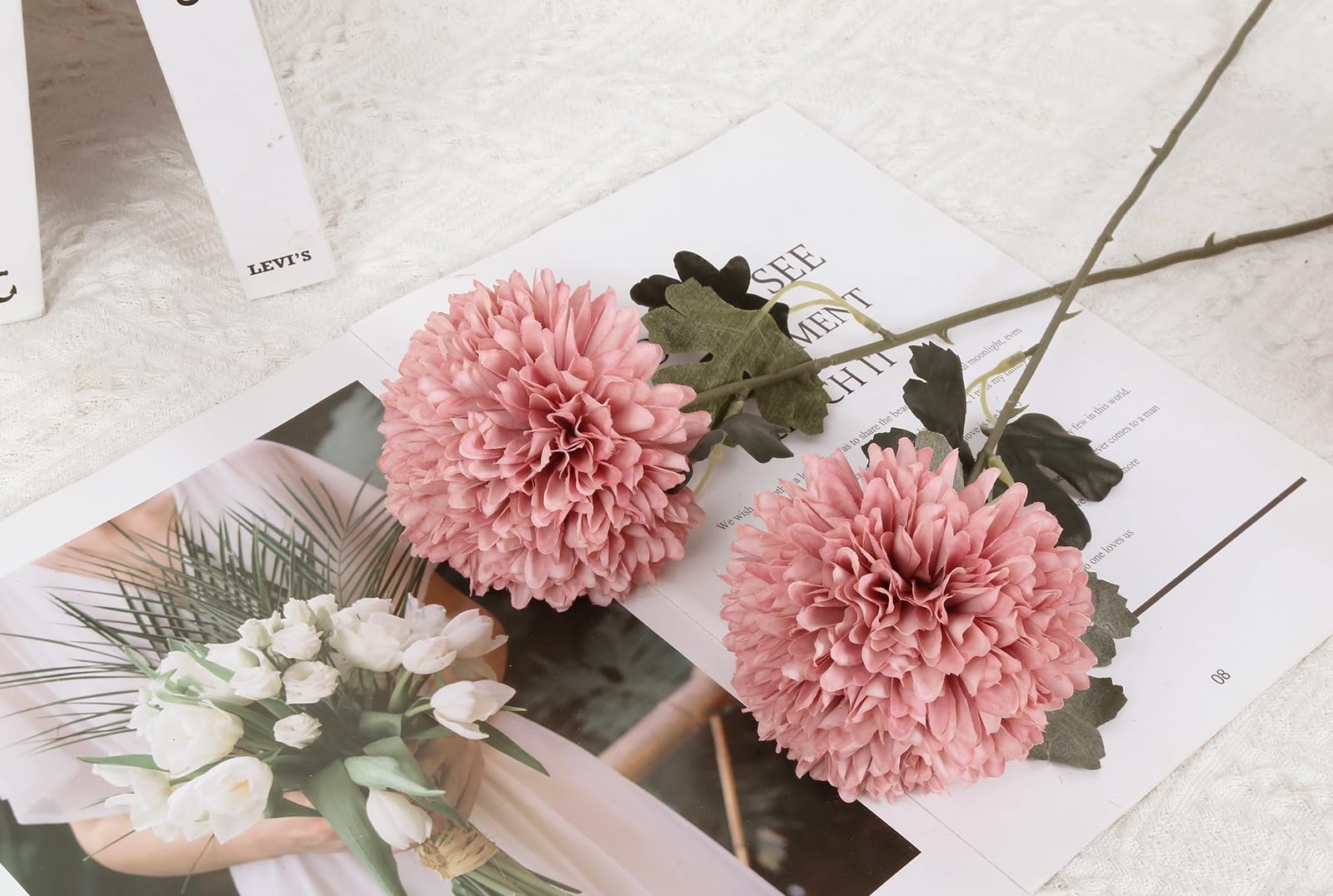 6PCS Pink Artificial Chrysanthemum Flowers 21.6’’ Long Stem Fake Mums Silk Fa…
