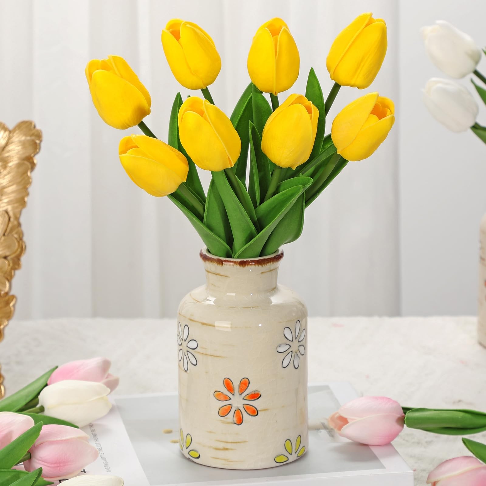 10.6 inch Artificial Tulips in Ceramic Vase, Real Touch Fall Faux Yellow Tuli…