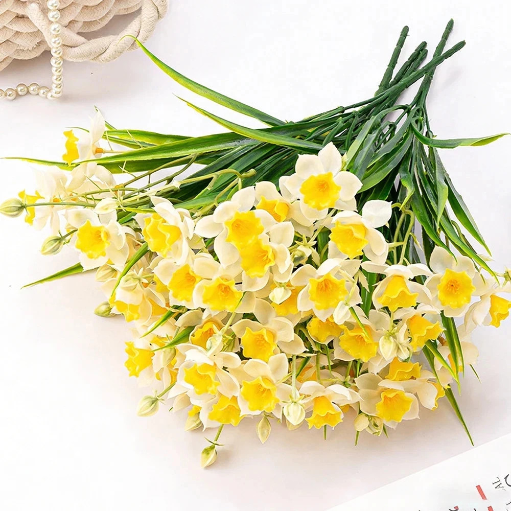 2 Pack Artificial Daffodils 30 Heads Faux Spring Flowers Soft Plastic Wedding