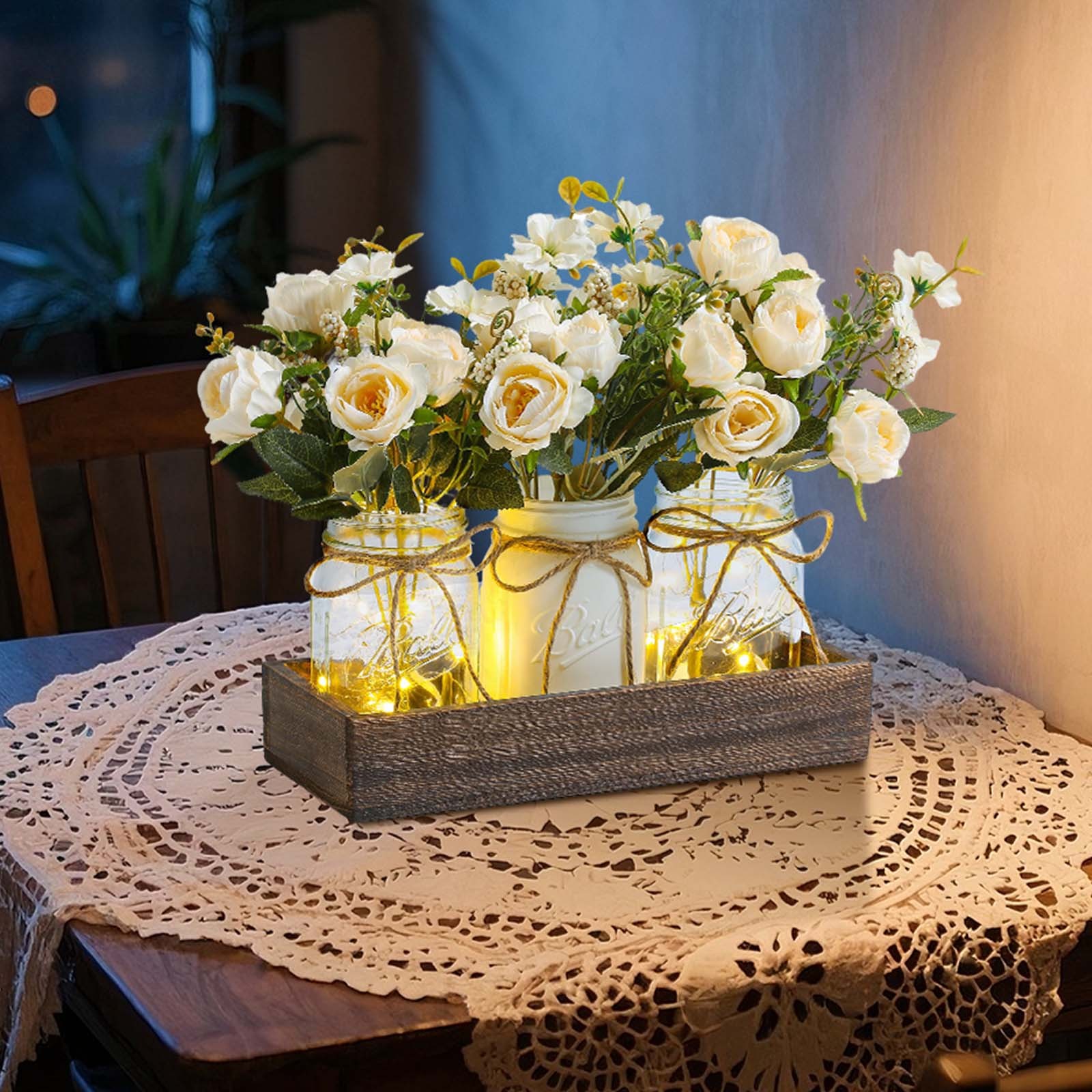 3-Piece Set Mason Jar with Artificial Flowers Rose Centerpiece Table Decoration