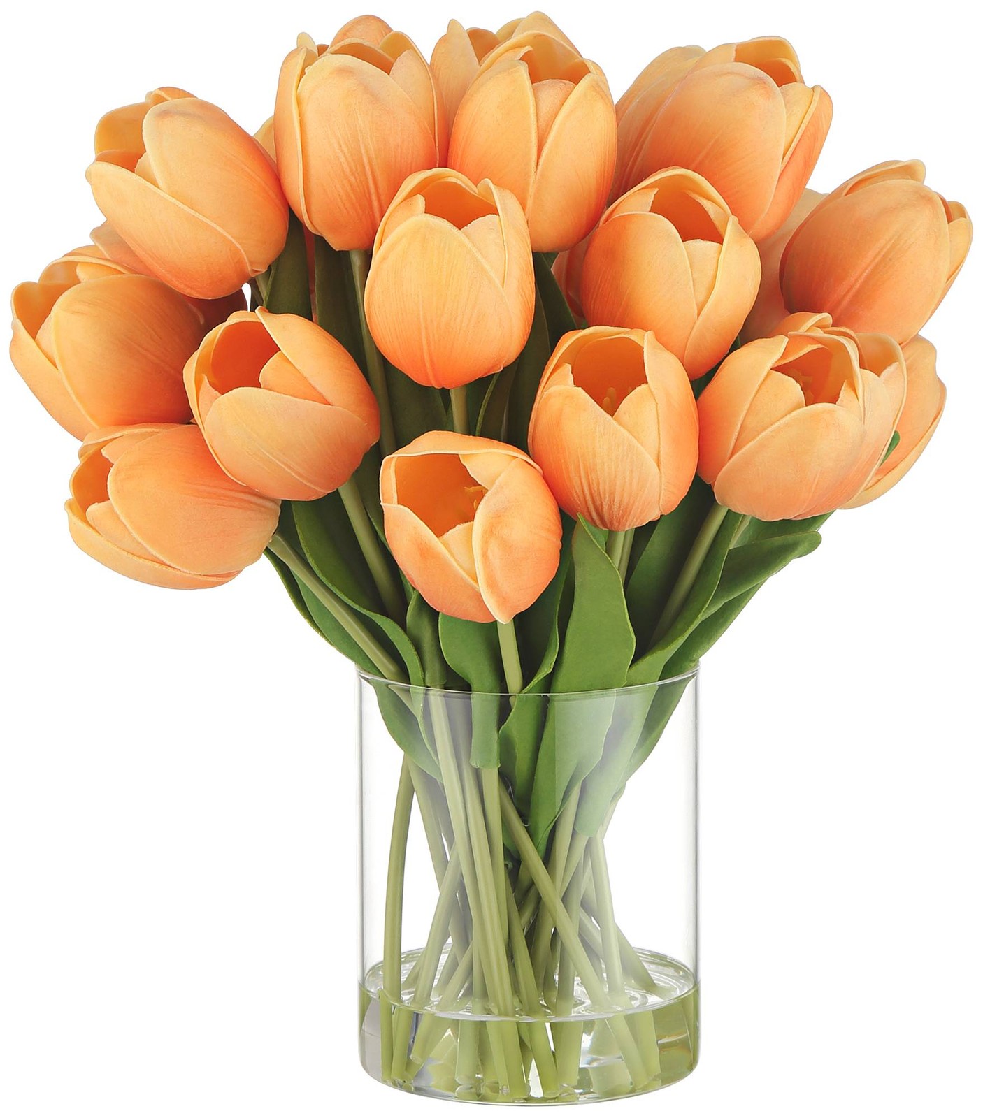 Emmie Orange Tulips 12″ High Faux Flower in Clear Glass Vase
