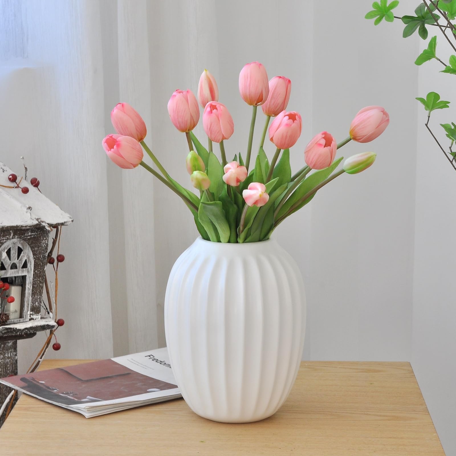 15 PCS Artificial Tulip Flowers Real Touch Latex Fake Bouquets Pink Decor