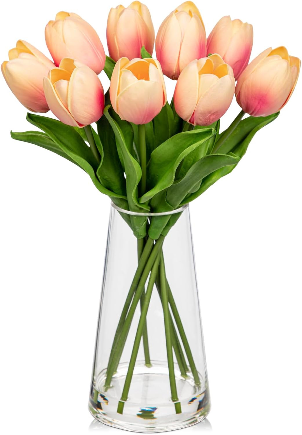 Realistic Peach Tulips in Glass Vase with Faux Water – Spring Table Centerpiece