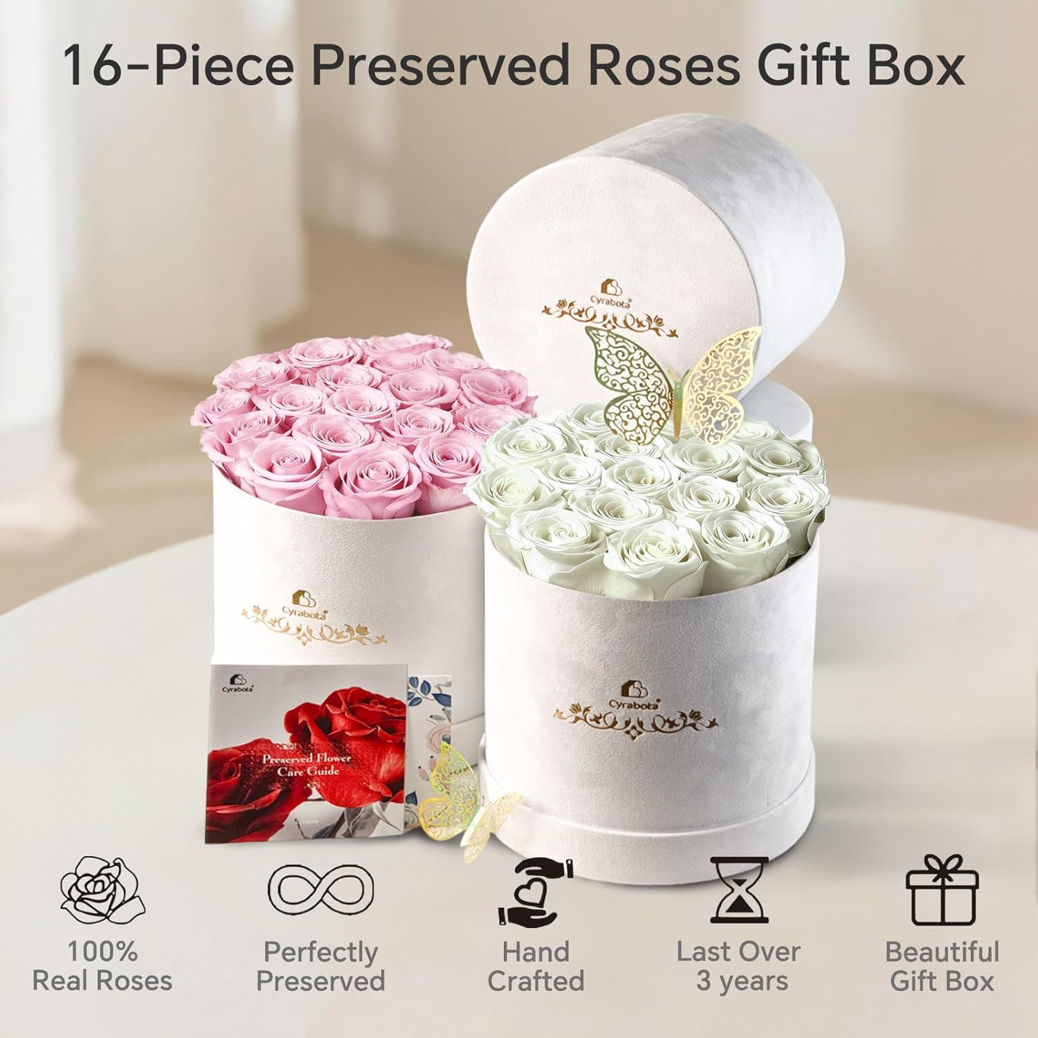 16 Pink Preserved Flowers in round Gift Box, Forever Flowers Eternal Roses for M