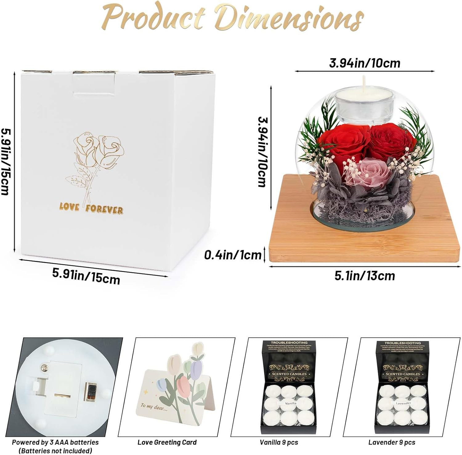 Preserved Red Real Rose in Glass with Scented Candles – Forever Flower Romantic