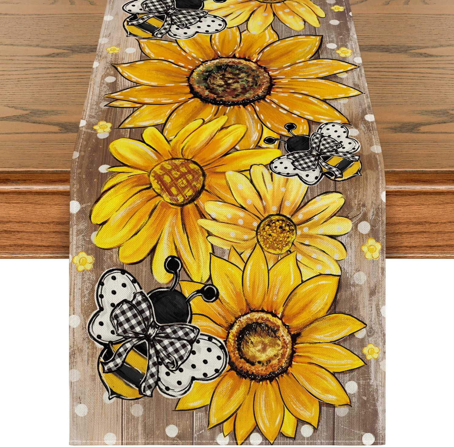 Wood Sunflower Bee Flower Polka Dot Summer Table Runner, Seasonal Kitchen Dining