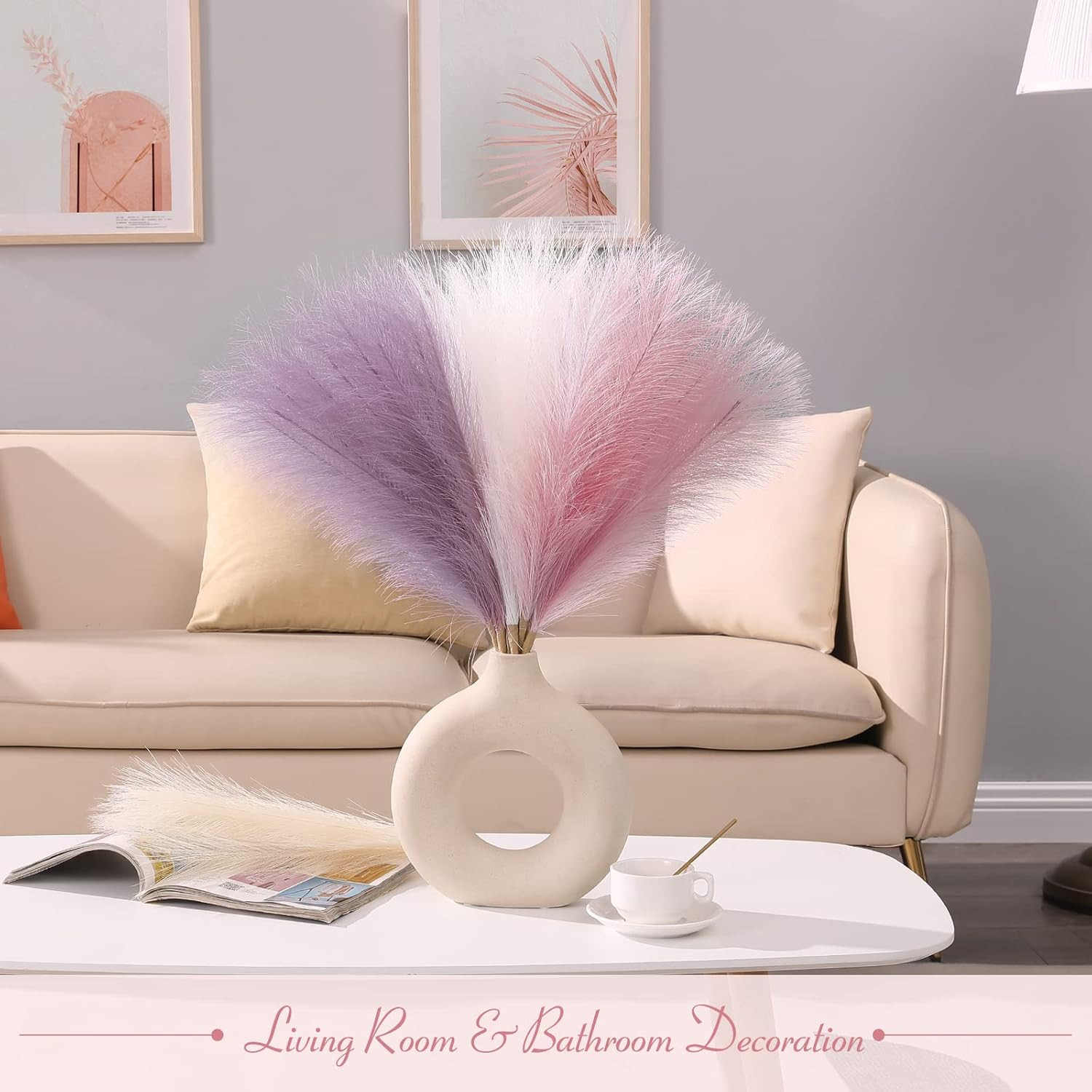 Faux Pampas Grass Decor 17 Inch 6pcs, Purple Pink Artificial Pampas Grass Home W