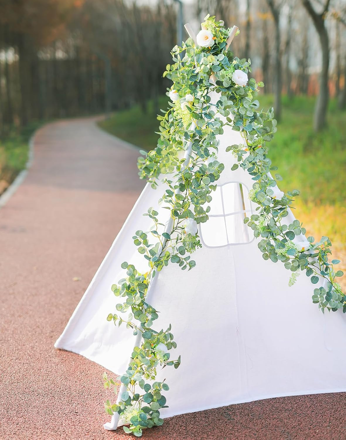 2Pcs 6.56Ft Eucalyptus Garland with Flowers-8 White Roses, Artificial Fake Flowe