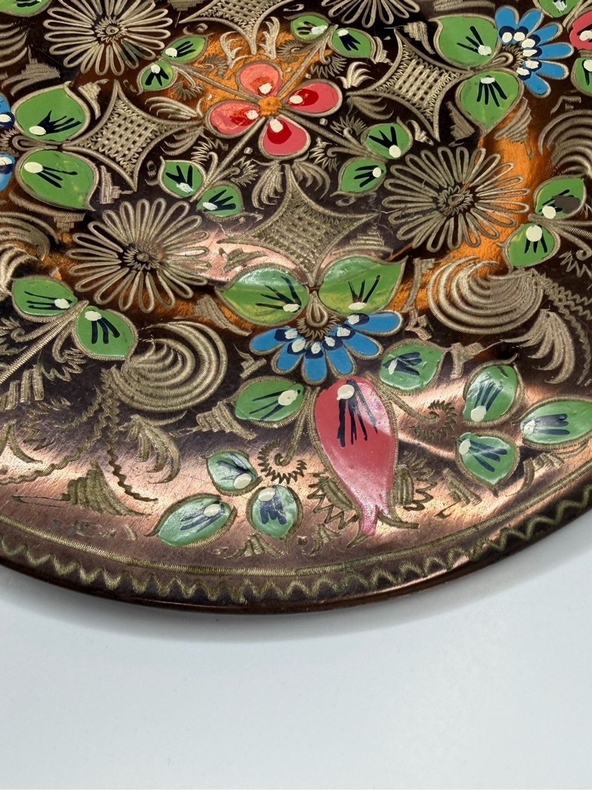 Vintage Turkish Hand Painted Copper Wall Plate 11.5″ Boho Floral Narol Decor